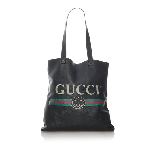 Gucci SHG Leather Calf Black Logo Tote Bag
