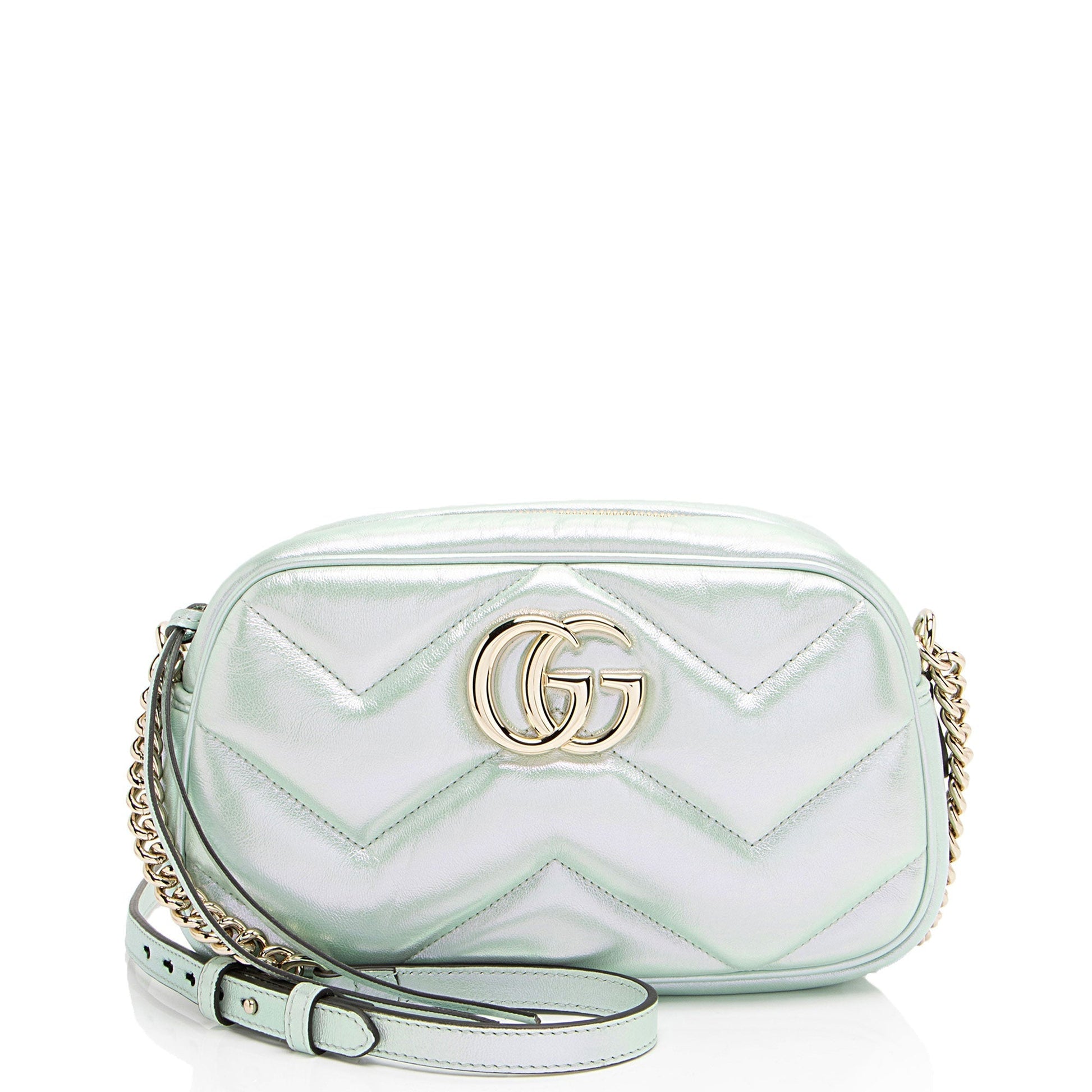 Gucci Iridescent Chevron GG Marmont Camera Matelasse Leather Green Small Crossbody Bag