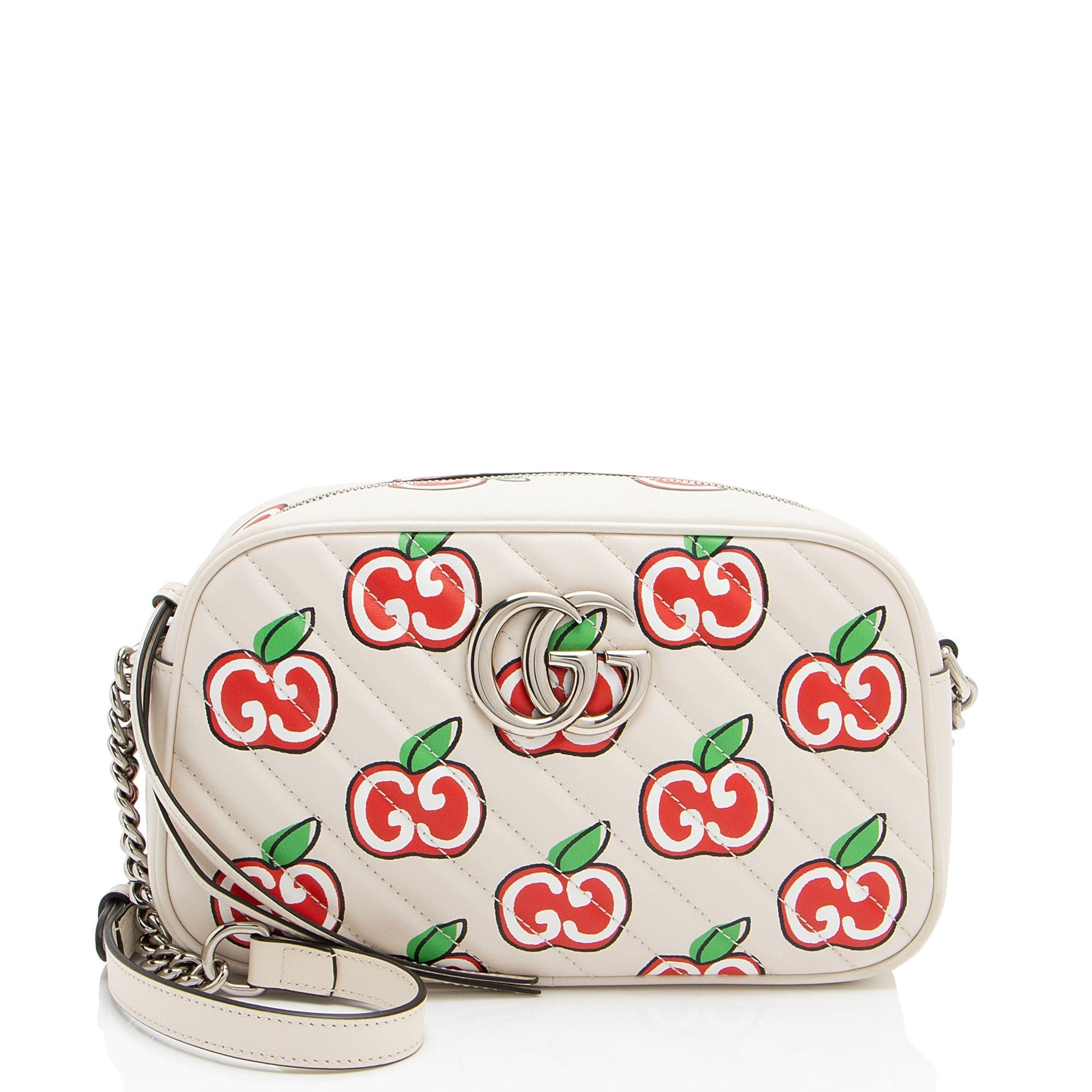 Gucci Apple GG Marmont Matelasse Leather White Red Crossbody Bag