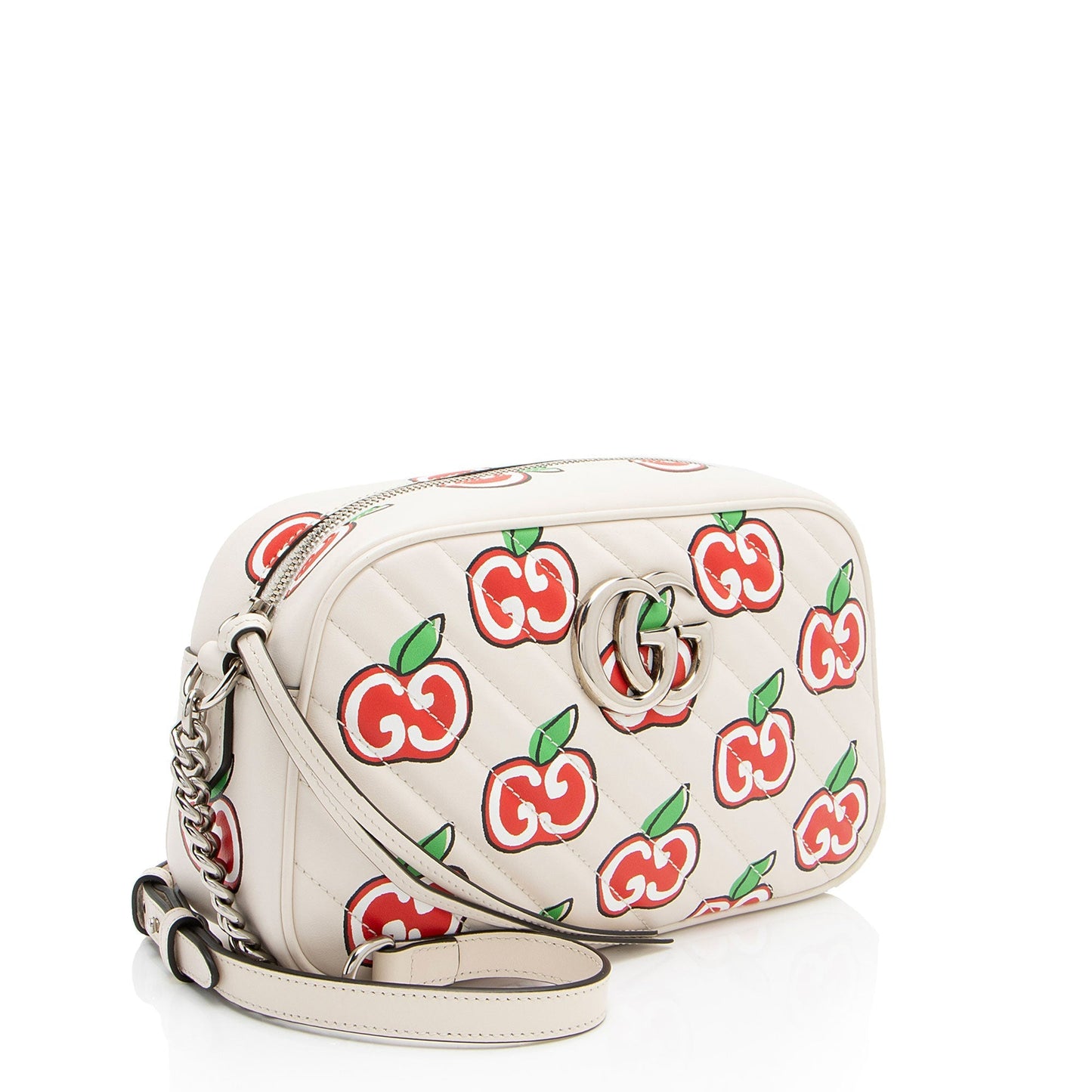 Gucci Apple GG Marmont Matelasse Leather White Red Crossbody Bag