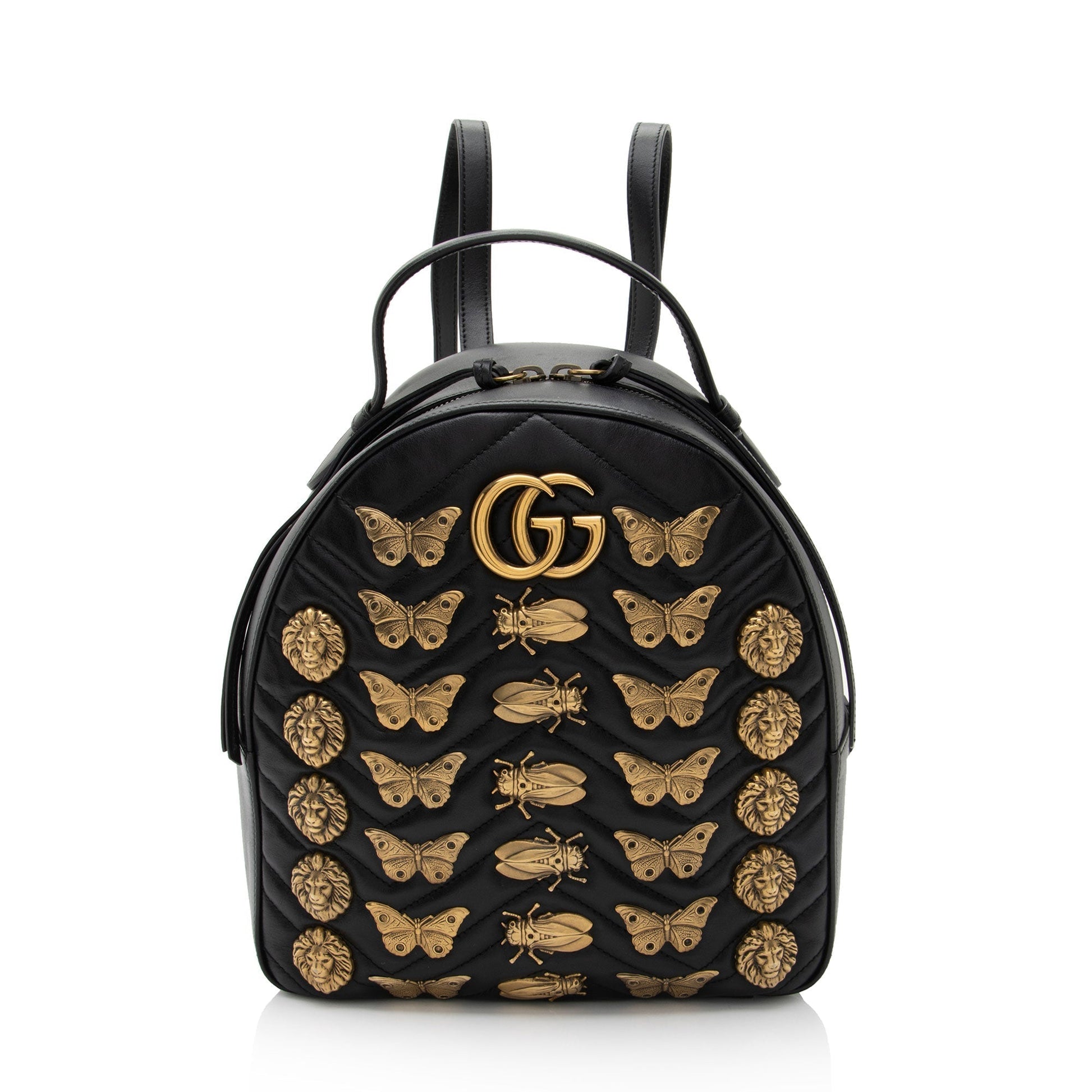 Gucci GG Marmont Animal Studs Backpack Matelasse Leather Black Shoulder Bag