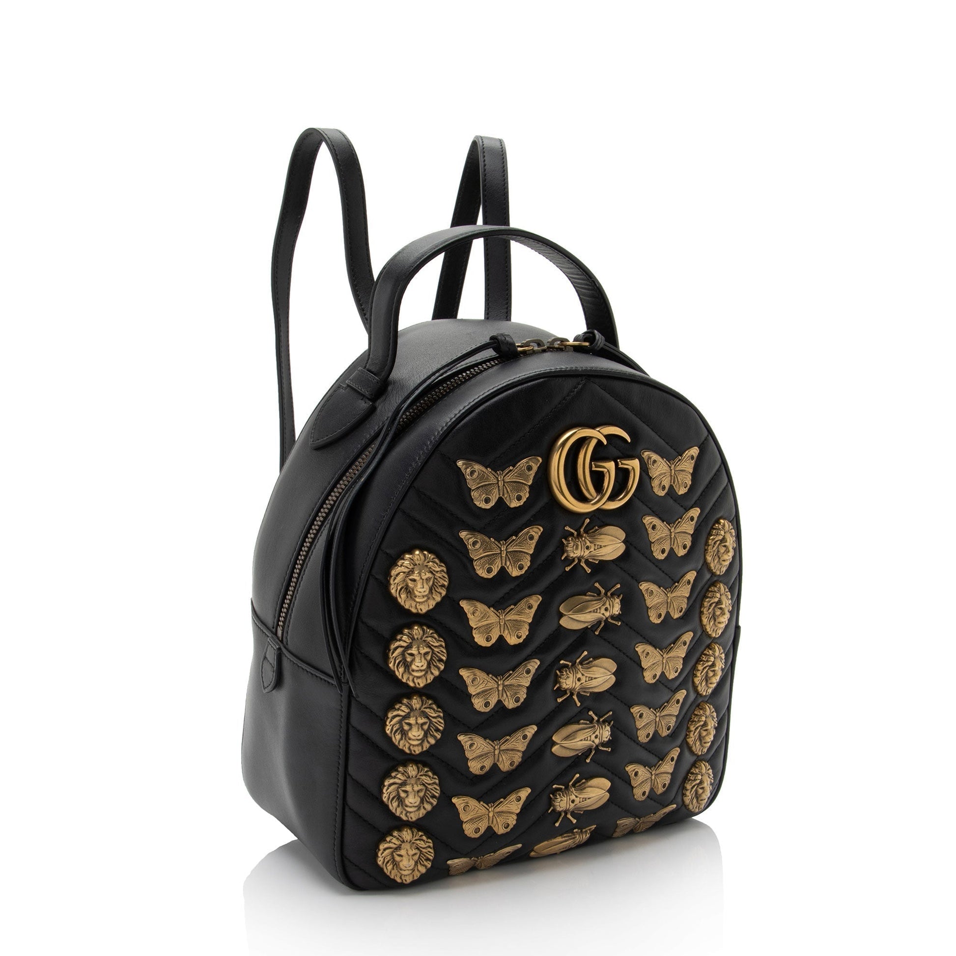 Gucci GG Marmont Animal Studs Backpack Matelasse Leather Black Shoulder Bag