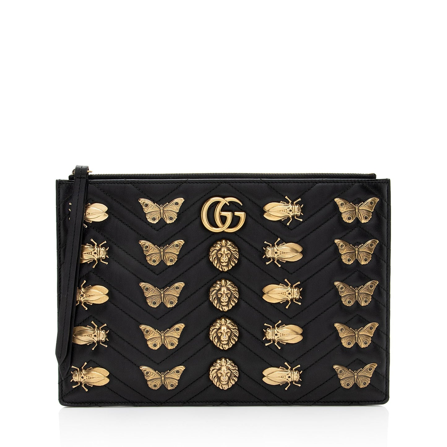 Gucci GG Marmont Animal Studs Matelasse Leather Black Clutch Bag