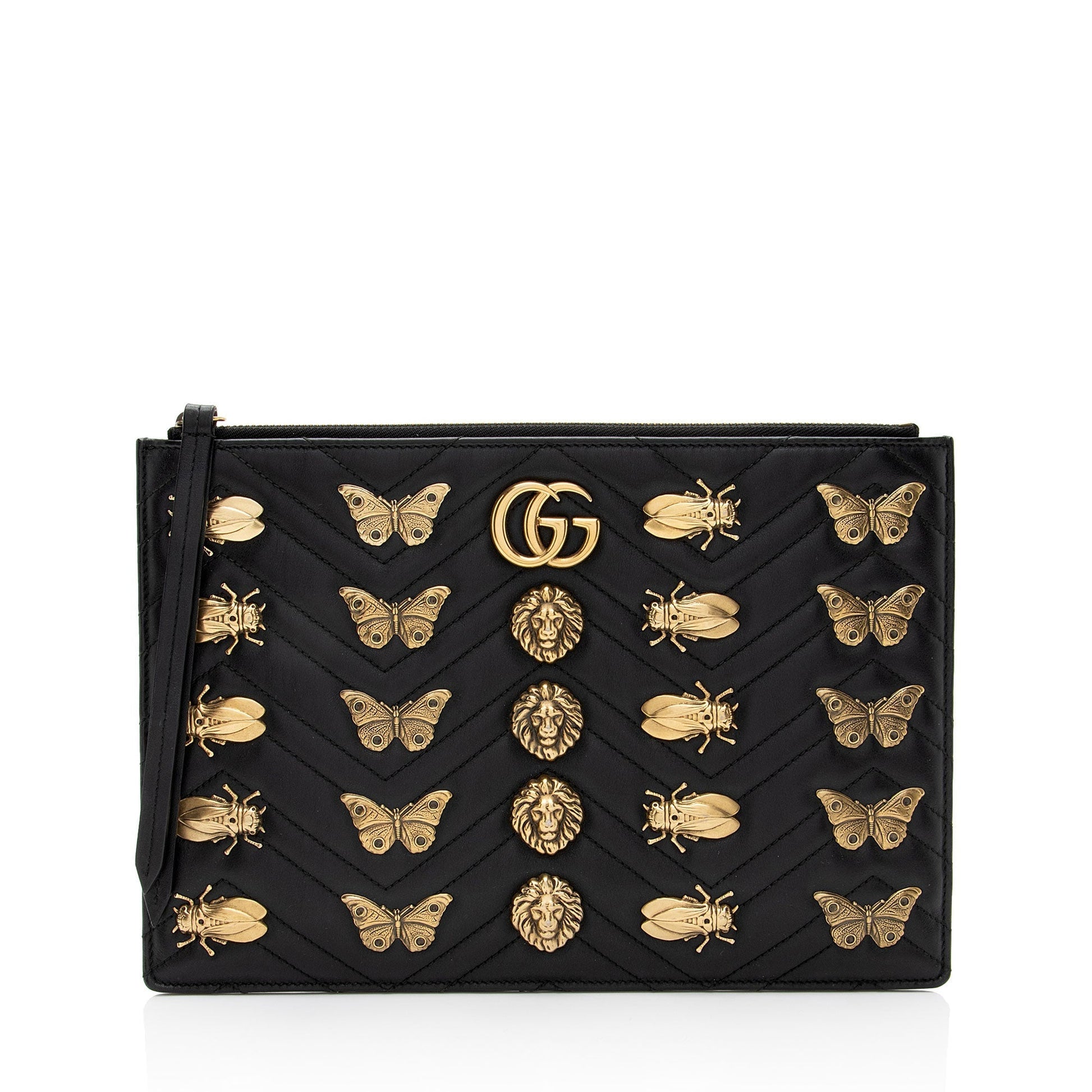Gucci GG Marmont Animal Studs Matelasse Leather Black Clutch Bag