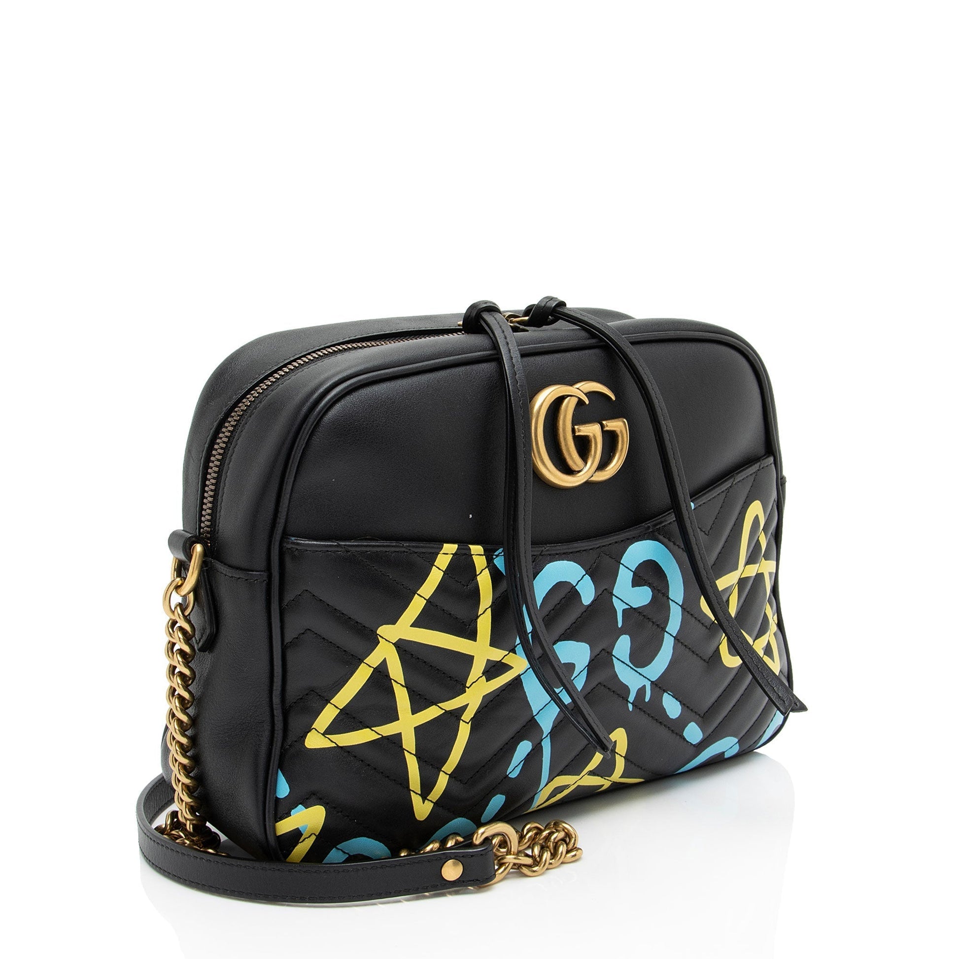 Gucci GG Marmont Ghost Camera Matelasse Leather Black Blue Crossbody Bag