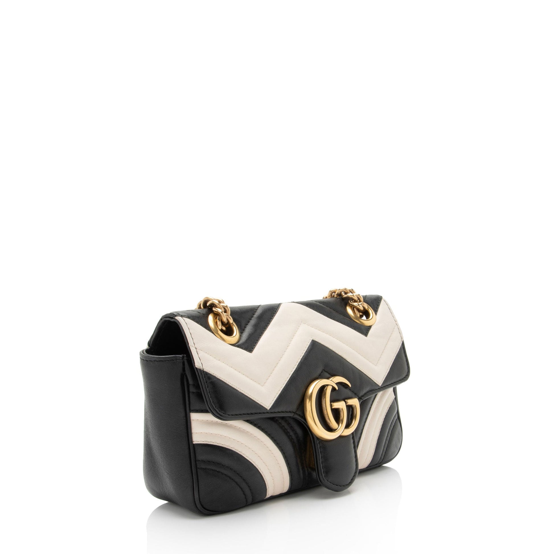 Gucci GG Marmont Two Tone Flap Matelasse Leather Black White Crossbody Bag