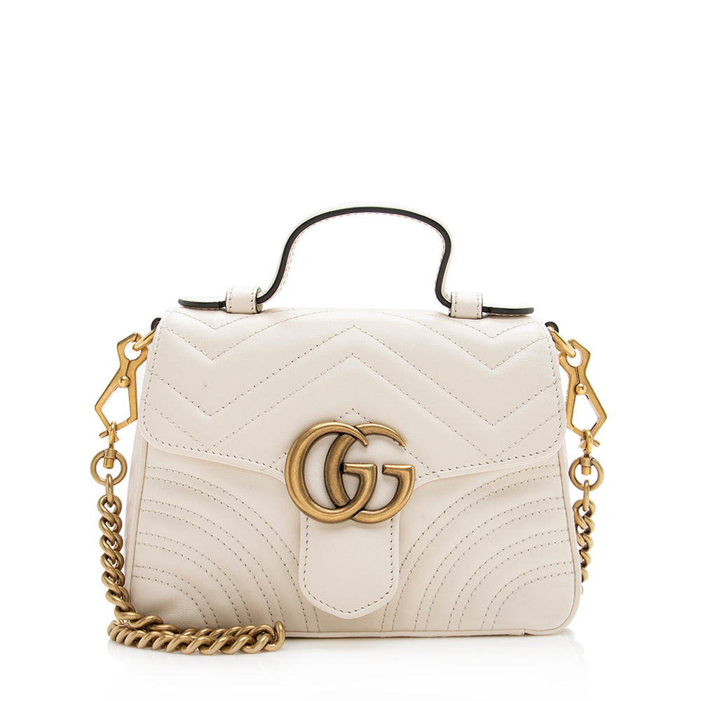 Gucci GG Marmont Top Handle SHF Matelasse Leather White Mini Satchel Bag
