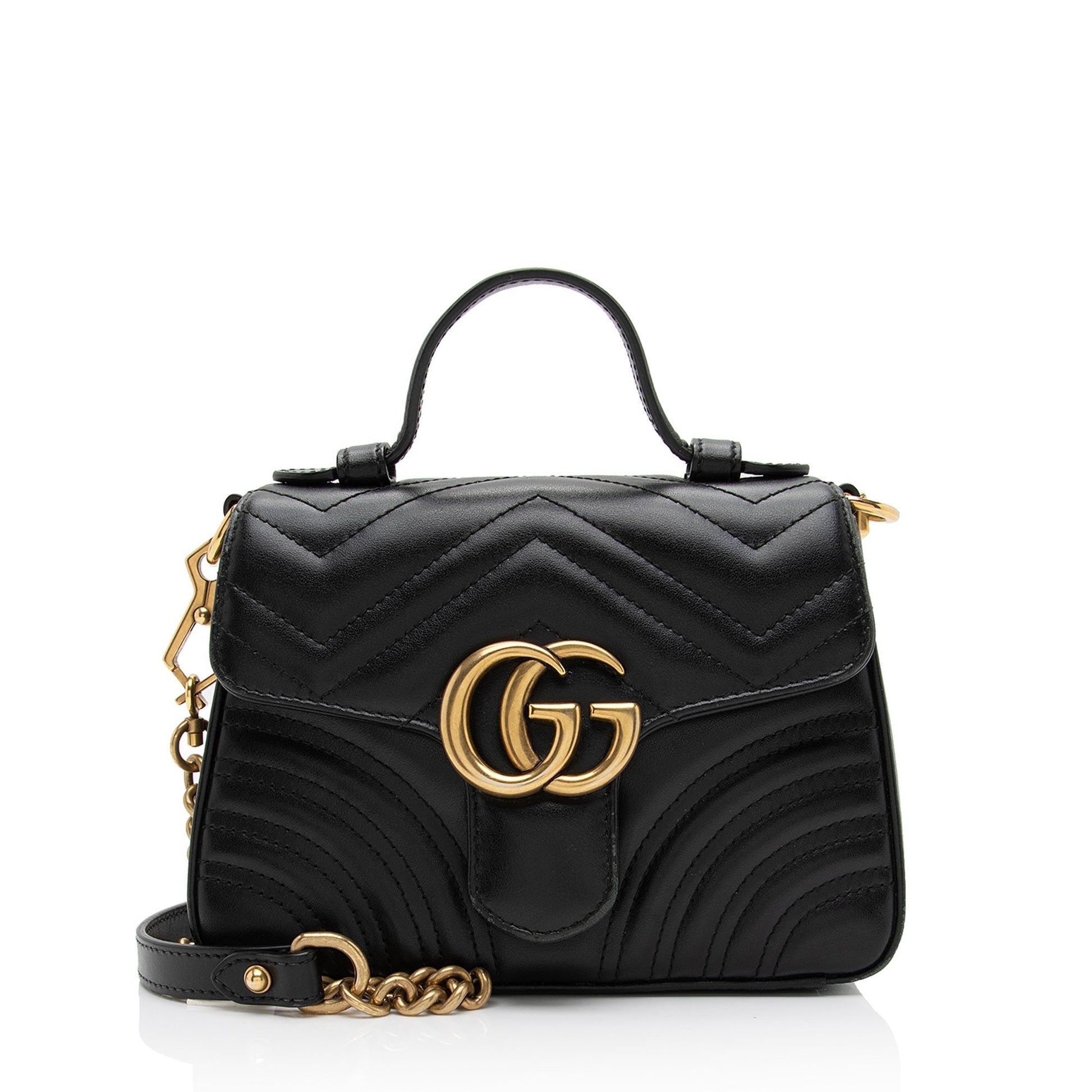 Gucci GG Marmont Top Handle SHF-7cobGM Matelasse Leather Black Mini Satchel Bag