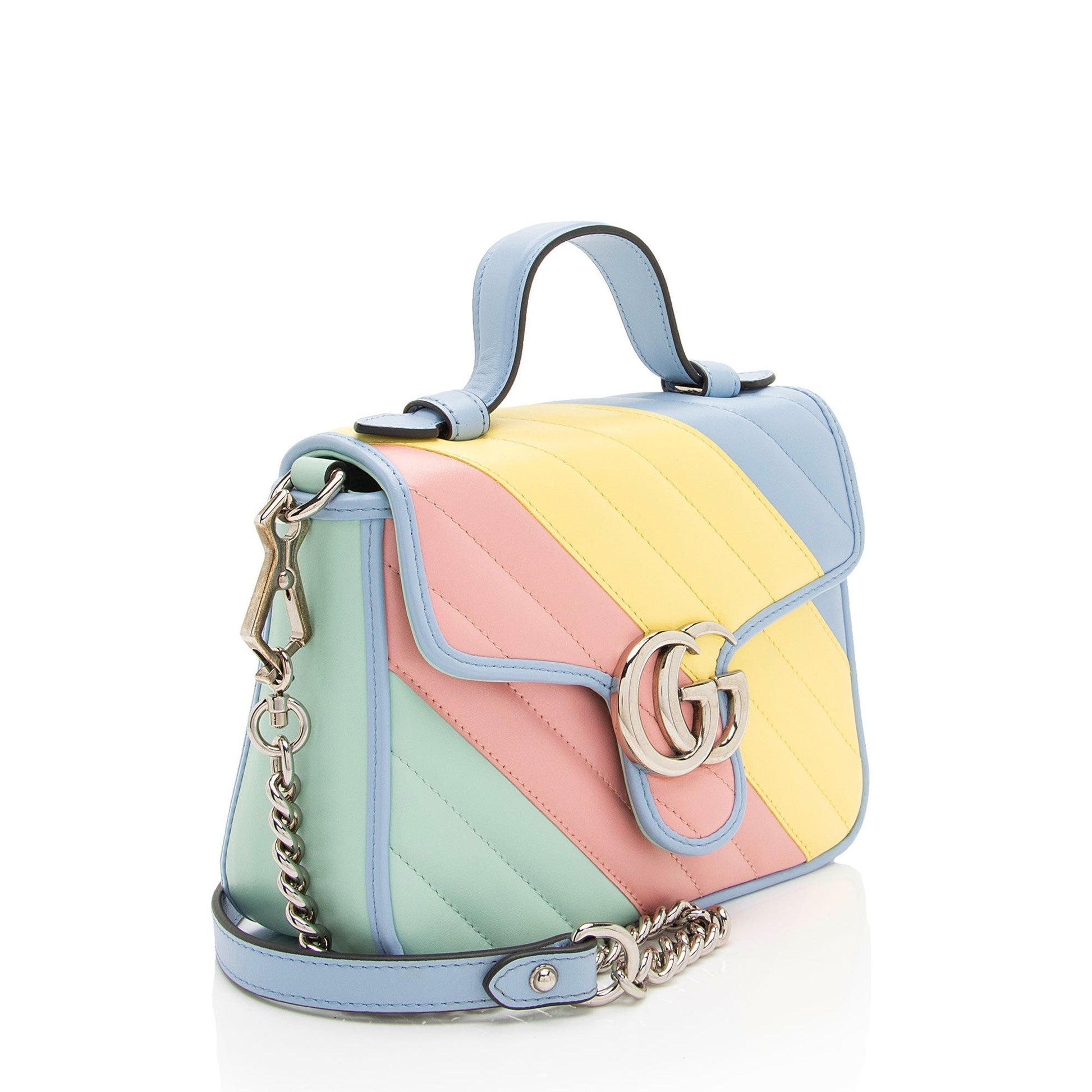 Gucci GG Marmont Top Handle Matelasse Leather Blue Pink Satchel Bag