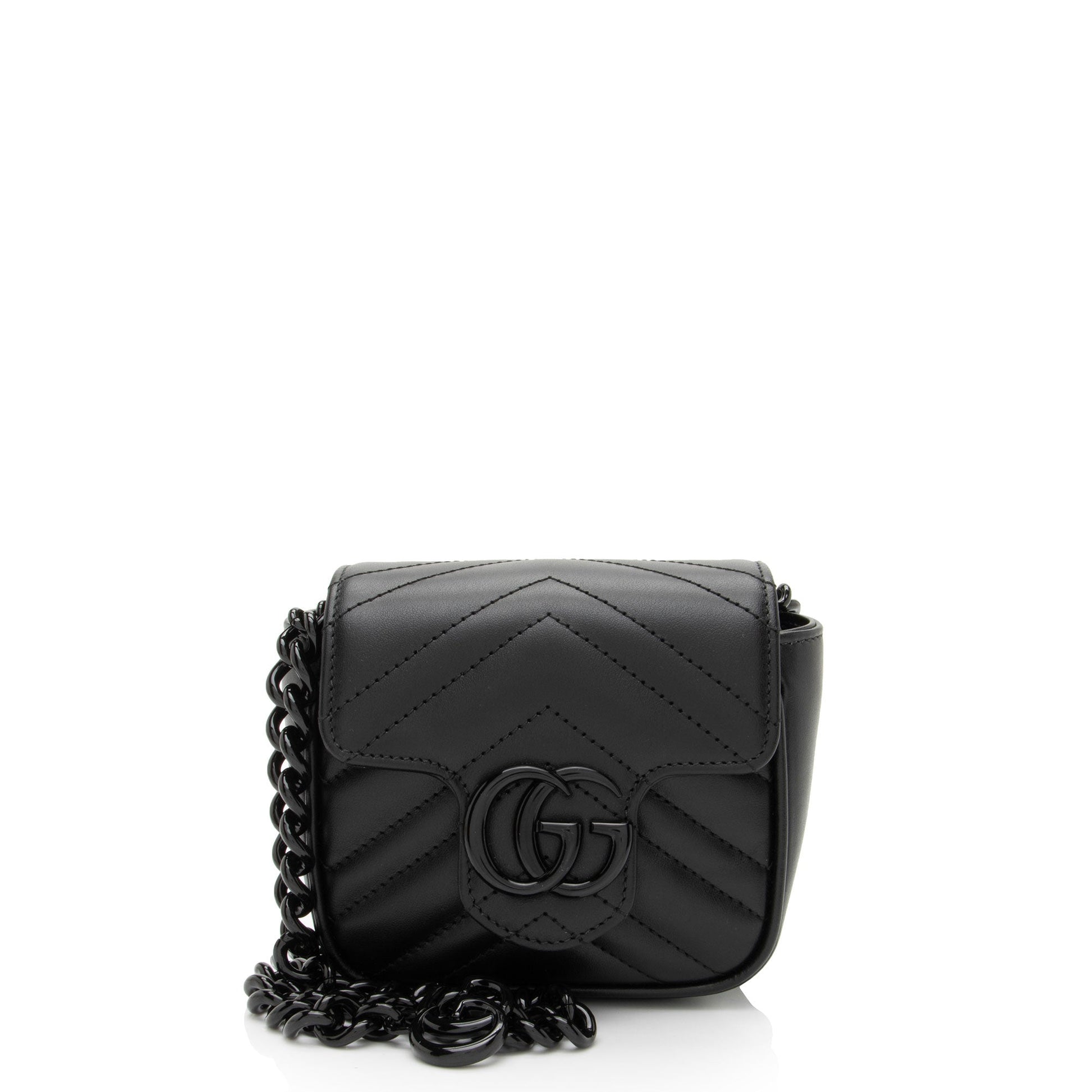 Gucci GG Marmont Monochrome Square Belt Matelasse Leather Black Chain Accessory Belt Bag
