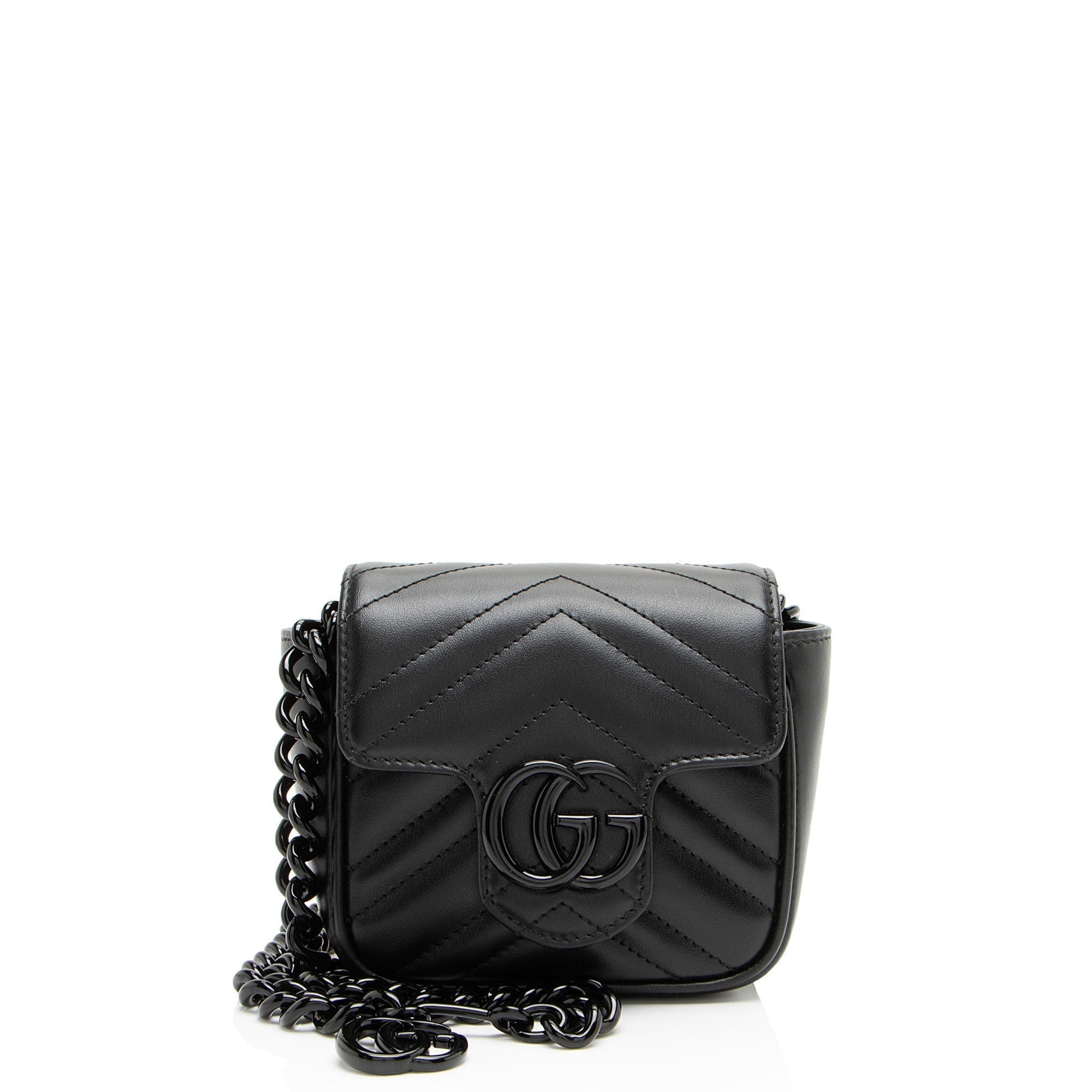 Gucci GG Marmont Monochrome Square Belt Matelasse Leather Black Chain Accessory