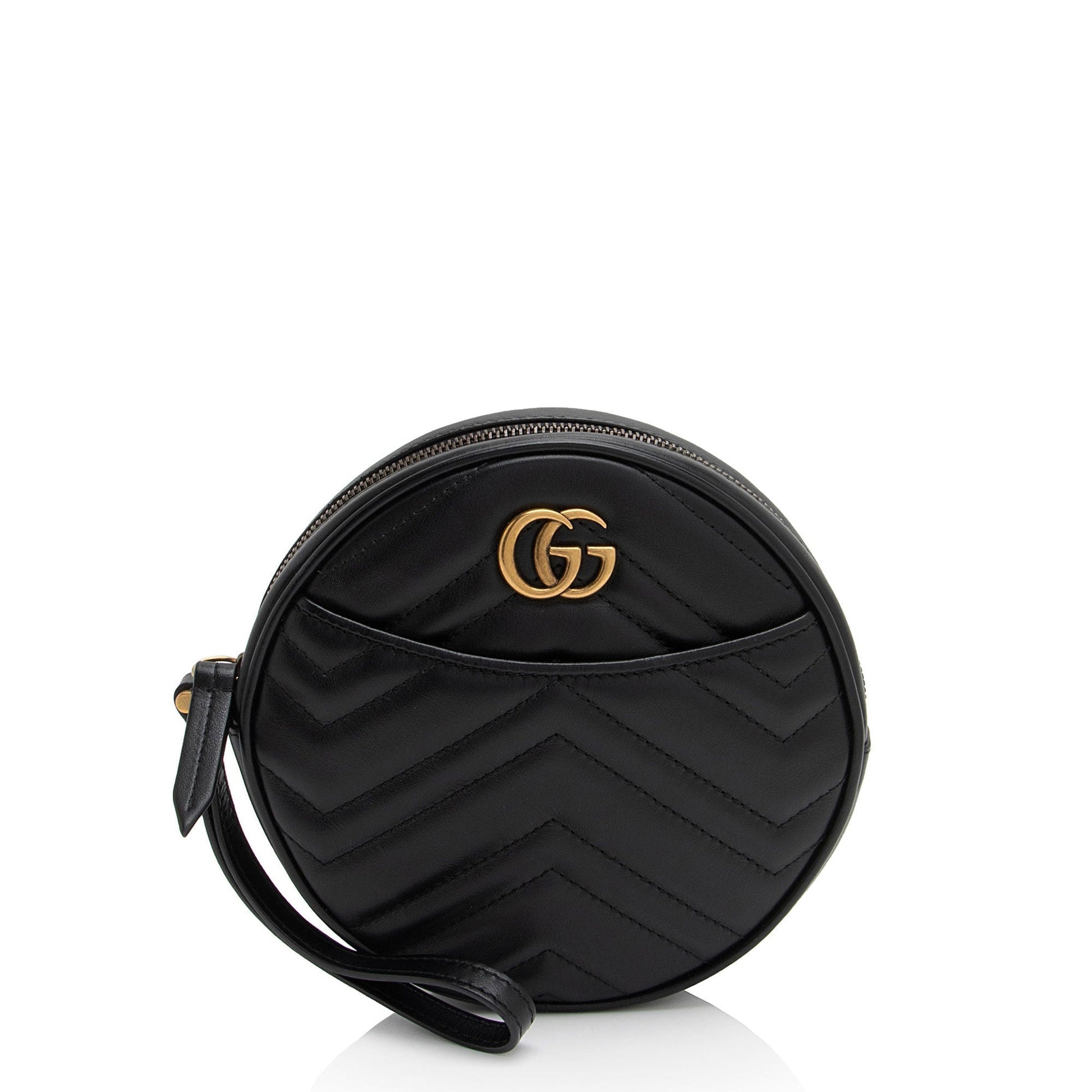 Gucci GG Marmont Round Wristlet SHF-Zt6z5J Matelasse Leather Black Clutch Bag