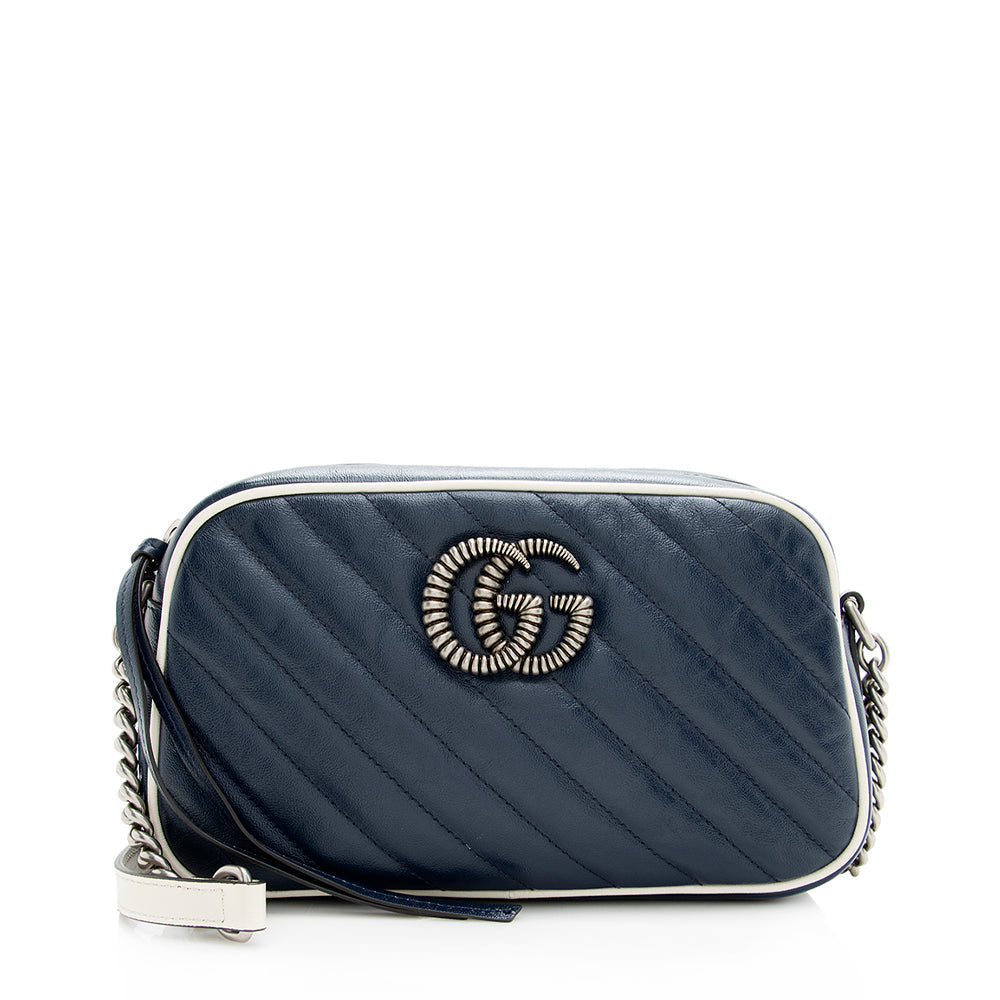 Gucci GG Marmont Torchon SHF Matelasse Leather White Blue Crossbody Bag
