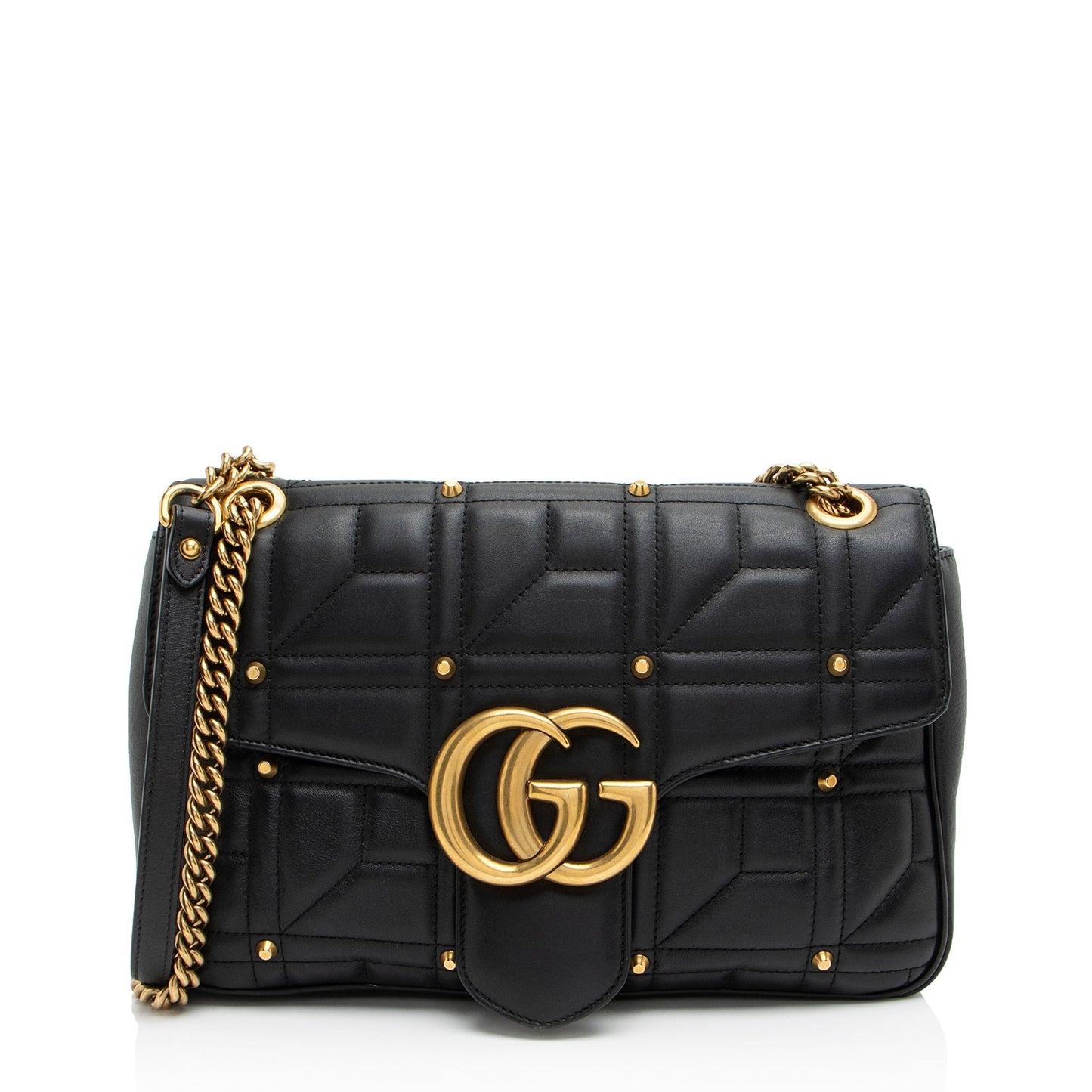 Gucci GG Marmont Studded Flap Matelasse Leather Black Medium Shoulder Bag
