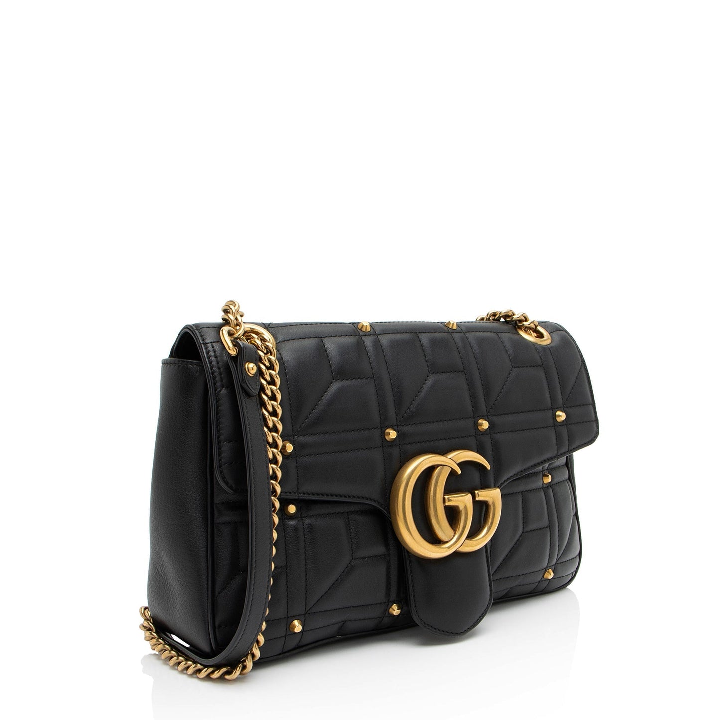 Gucci GG Marmont Studded Flap Matelasse Leather Black Medium Shoulder Bag