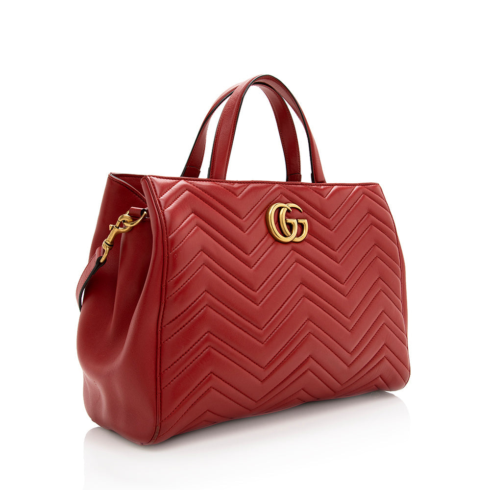 Gucci GG Marmont Top Handle SHF Matelasse Leather Red Medium Satchel Bag Satchel Shf