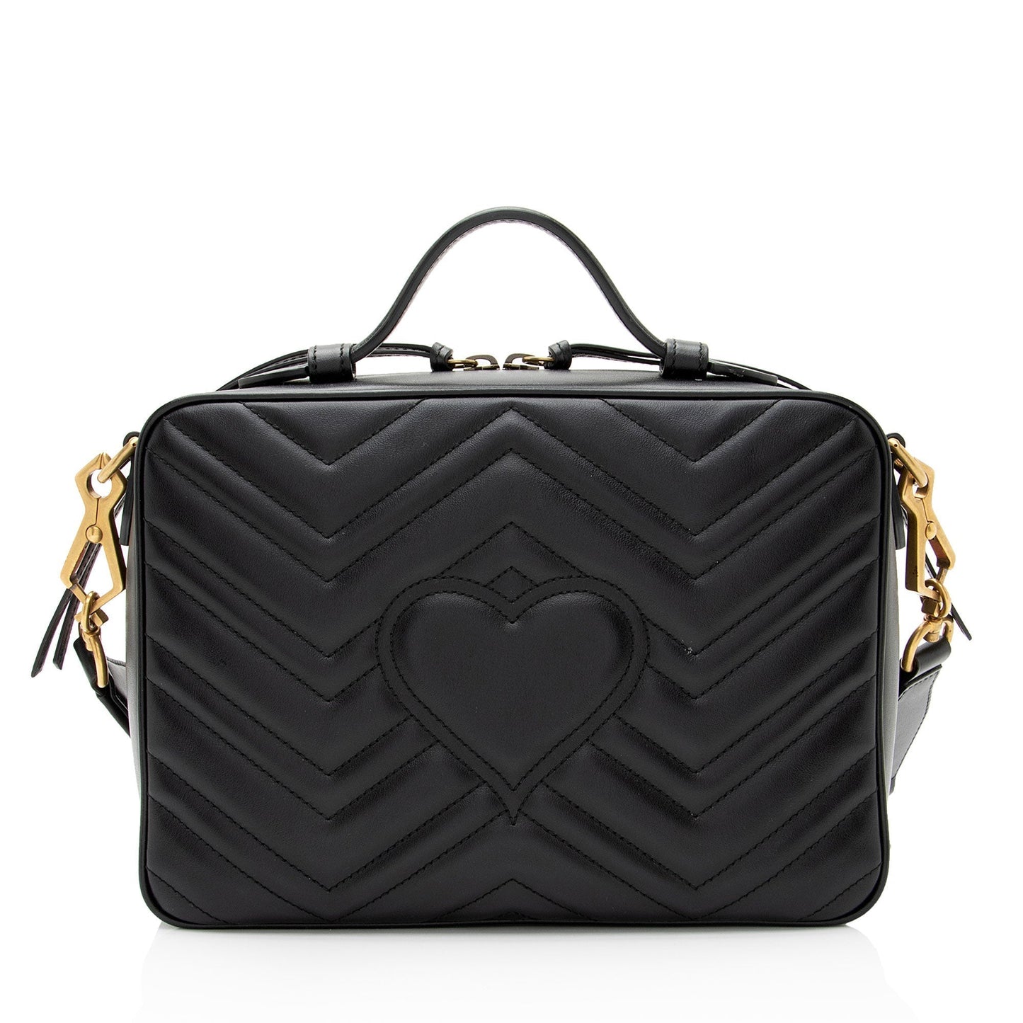 Gucci GG Marmont Top Handle Zip Matelasse Leather Nylon Black Crossbody Bag