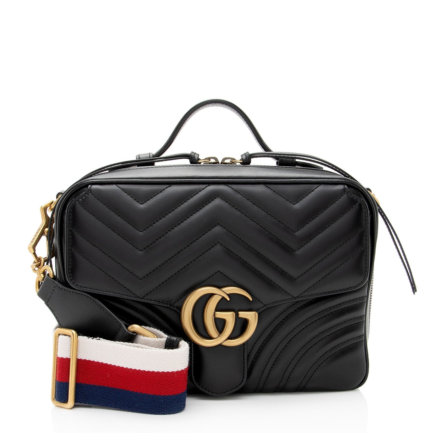 Gucci GG Marmont Top Handle Zip Matelasse Leather Nylon Black Crossbody Bag