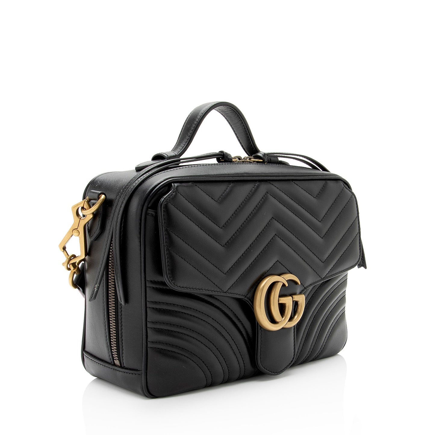 Gucci GG Marmont Top Handle Zip Matelasse Leather Nylon Black Crossbody Bag