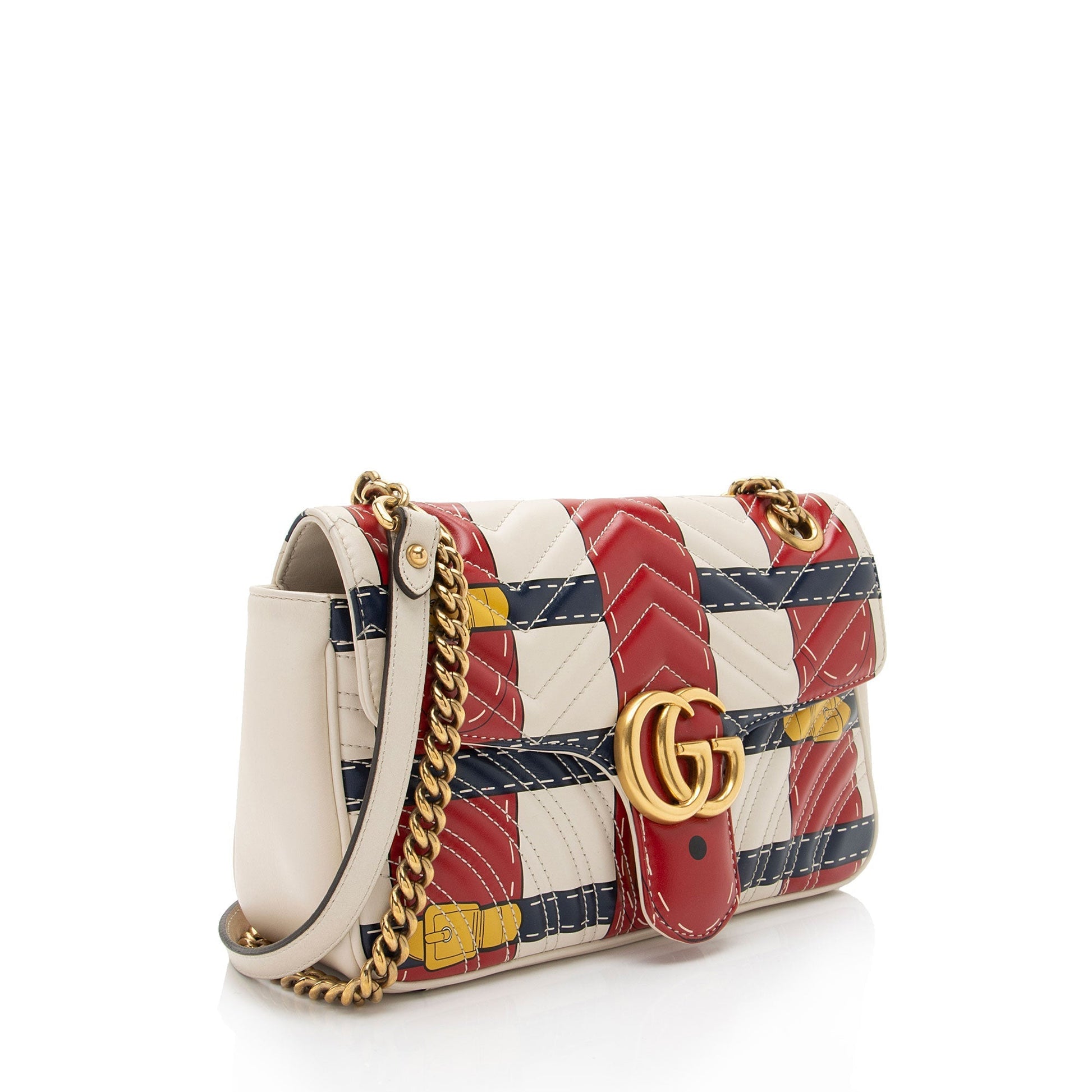 Gucci GG Marmont Trompe L'Oeil Flap Matelasse Leather White Blue Crossbody Bag