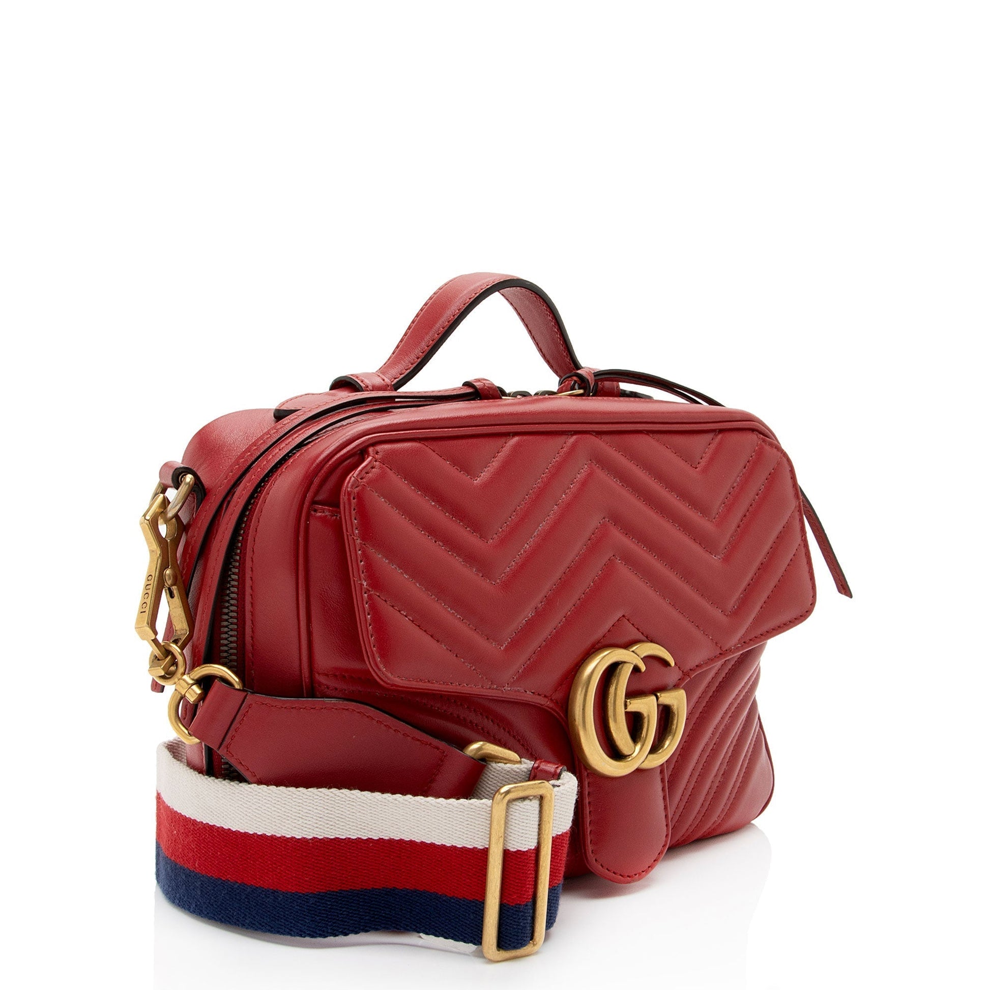 Gucci GG Marmont Zip Around Top Matelasse Leather Nylon Red Crossbody Bag
