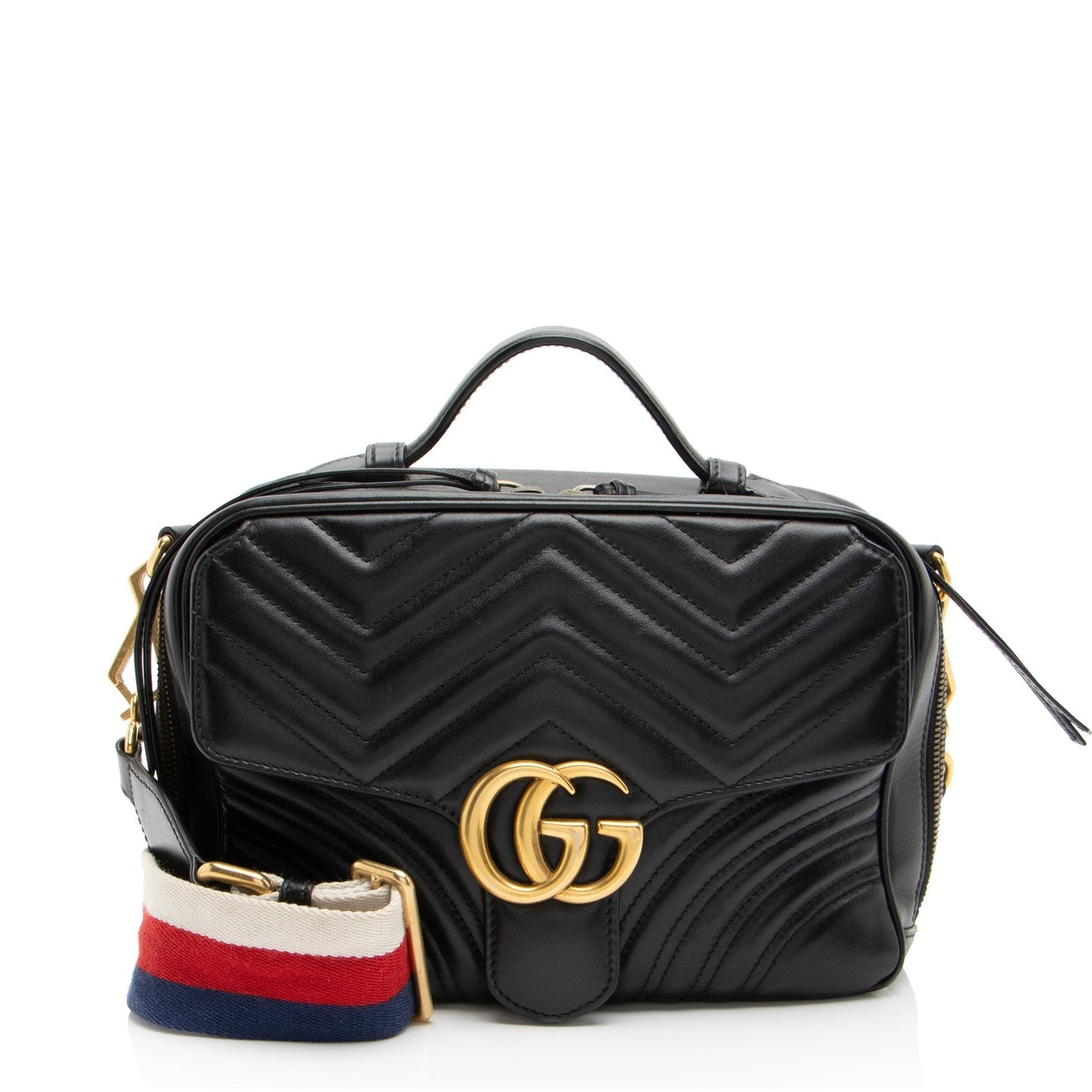 Gucci GG Marmont Zip Around Top Matelasse Leather Nylon Black Crossbody Bag