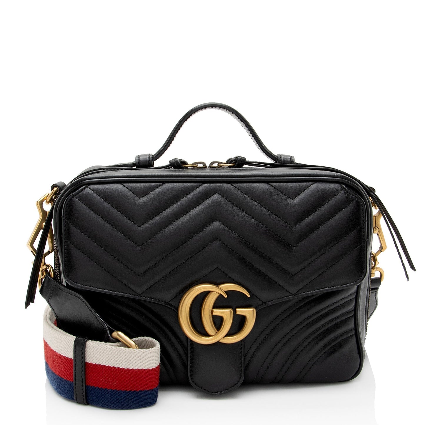 Gucci GG Marmont Zip Around Top Matelasse Leather Nylon Black Crossbody Bag Shf Czzjyd