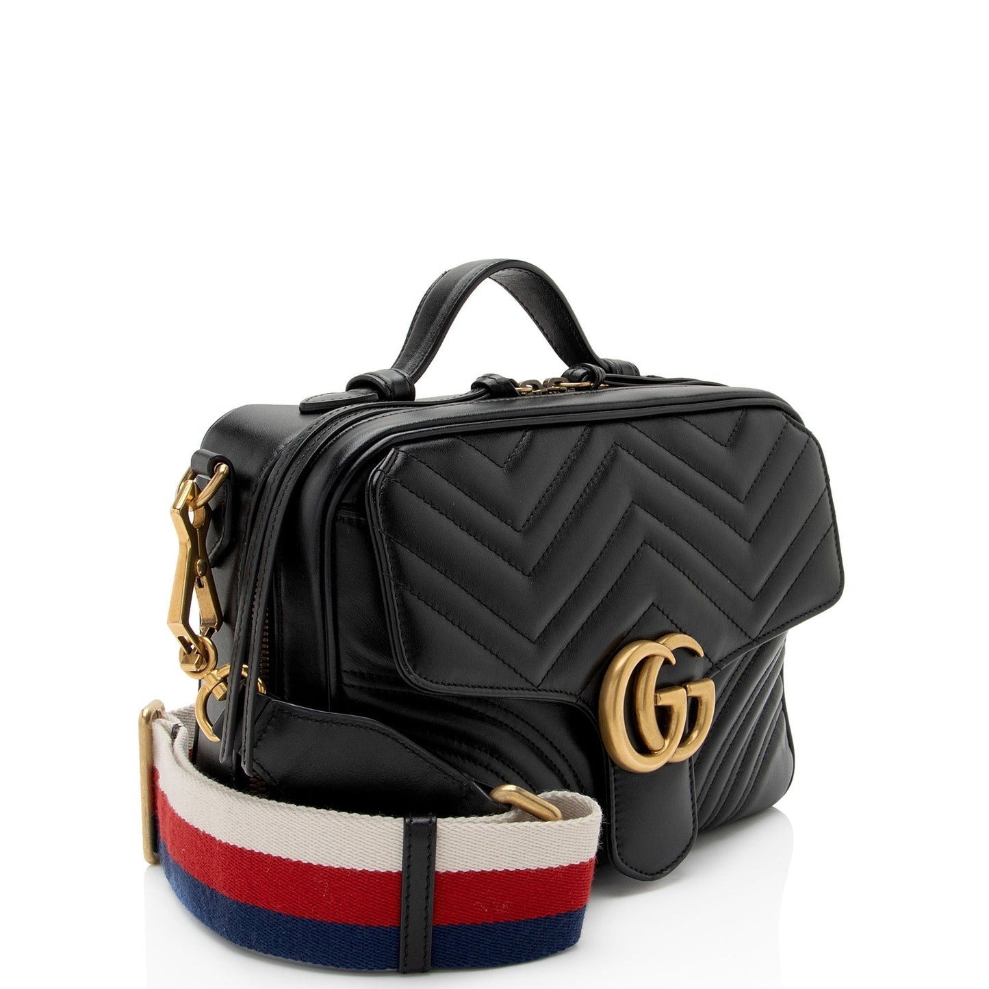 Gucci GG Marmont Zip Around Top Matelasse Leather Nylon Black Crossbody Bag Shf Czzjyd