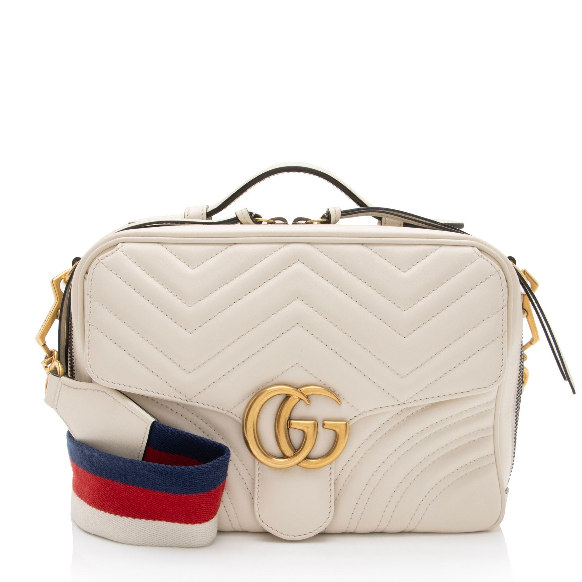 Gucci GG Marmont Zip Around Top Matelasse Leather Nylon White Crossbody Bag