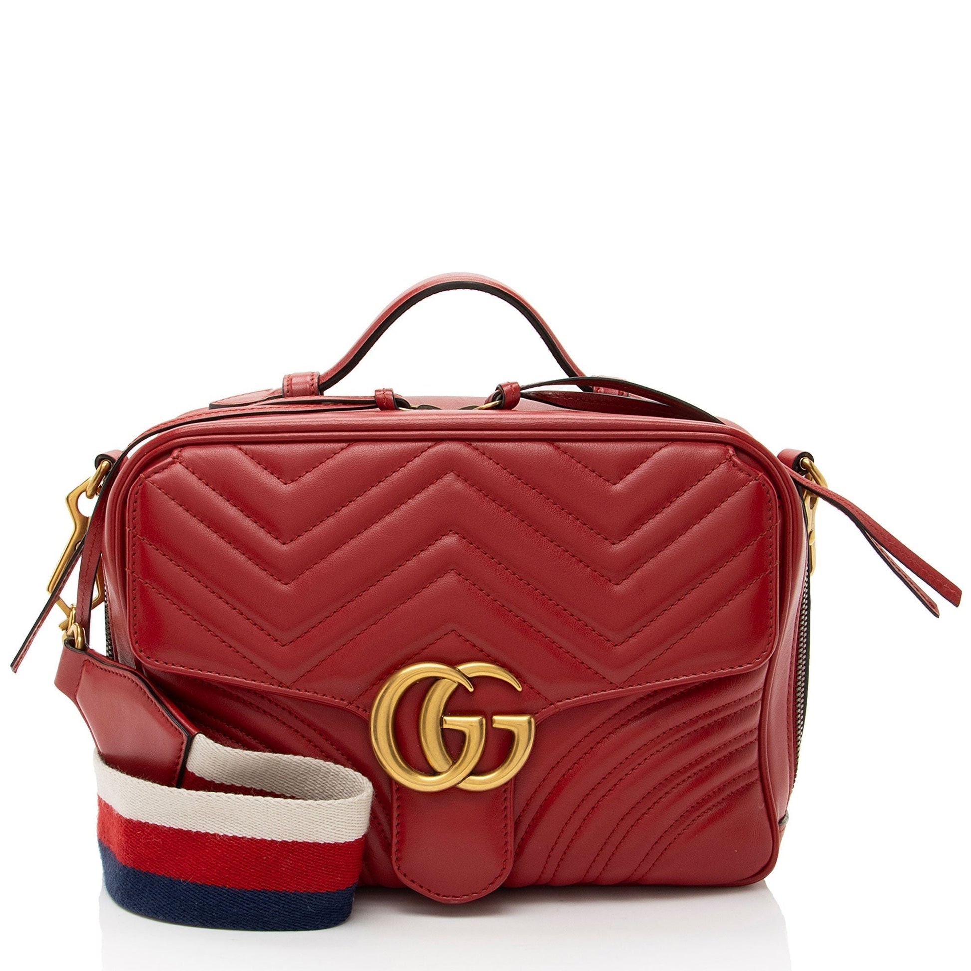 Gucci GG Marmont Zip Around Top Matelasse Leather Nylon Red Satchel Bag