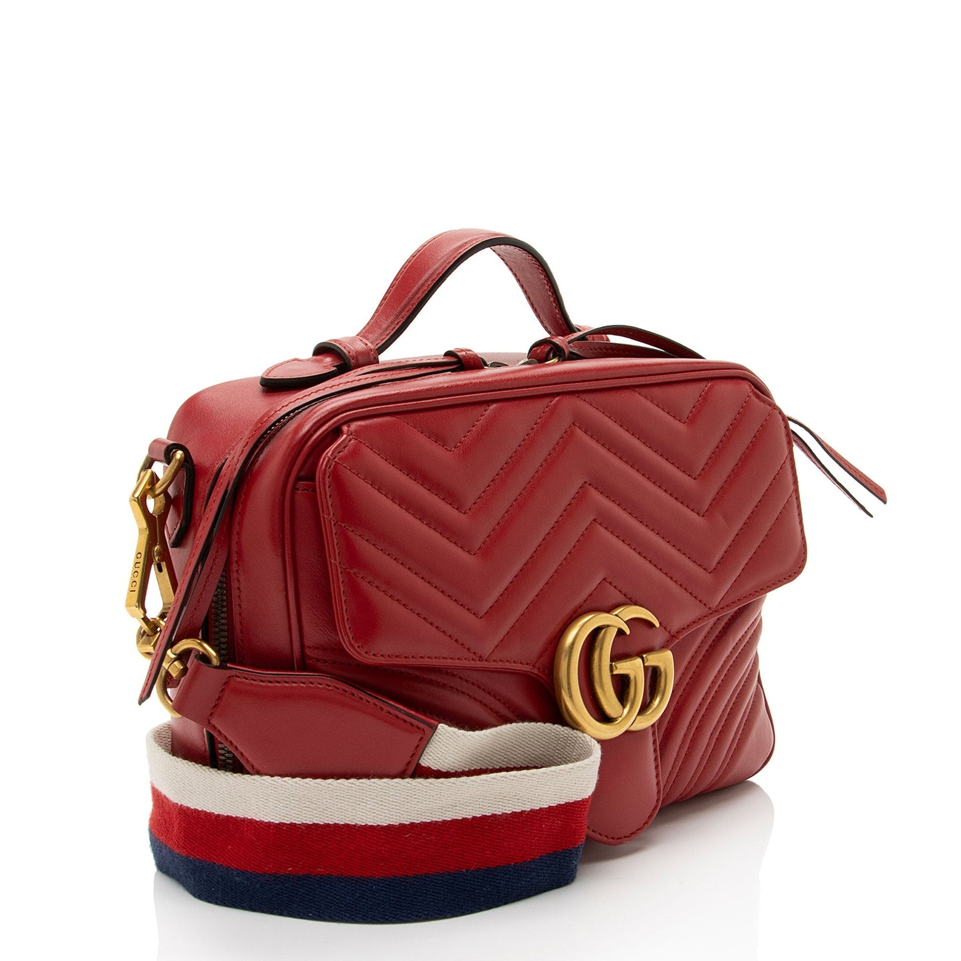 Gucci GG Marmont Zip Around Top Matelasse Leather Nylon Red Satchel Bag