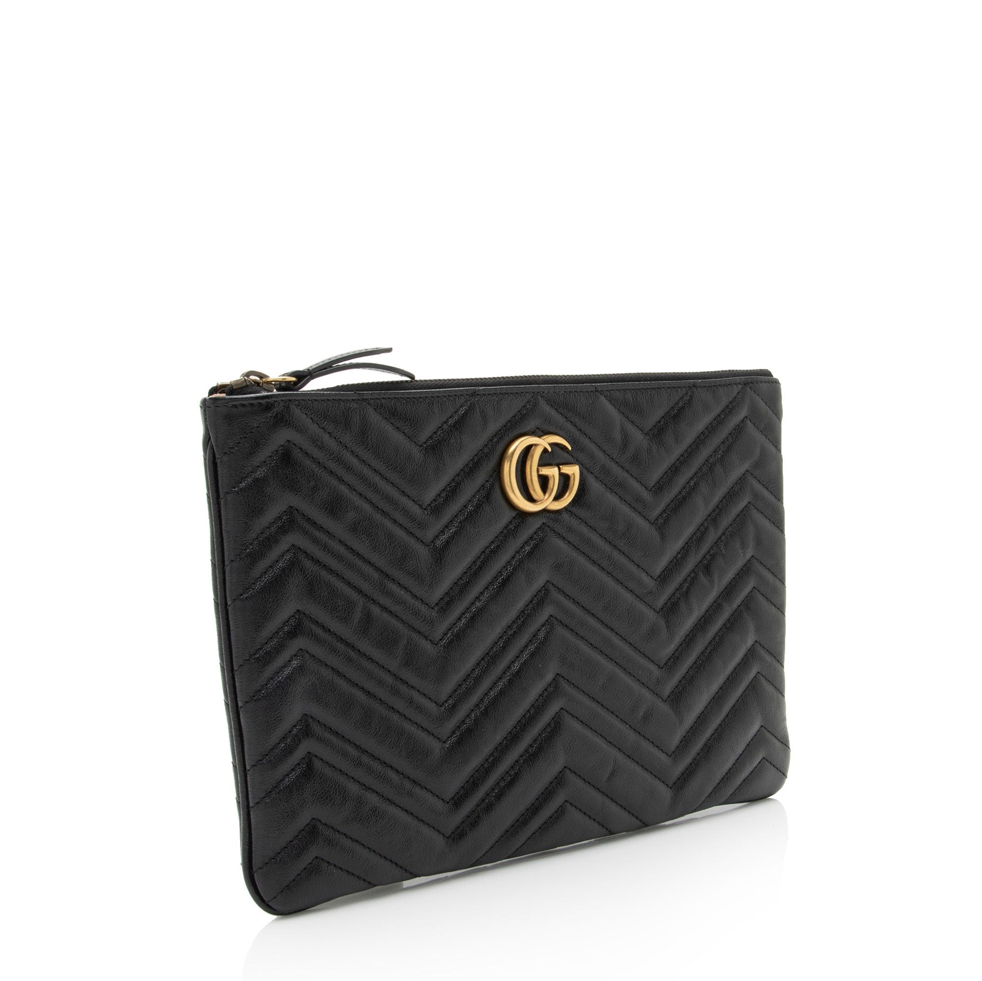 Gucci GG Marmont Zip Pouch Matelasse Leather Black Clutch Bag
