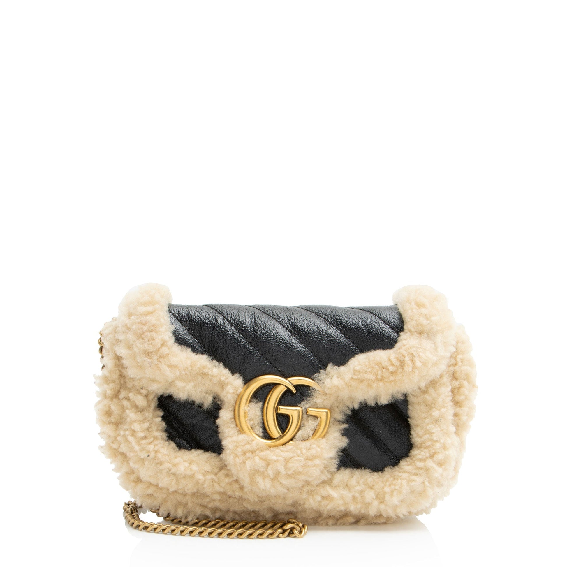 Gucci Shearling GG Marmont Super Flap Matelasse Leather Black Mini Crossbody Bag