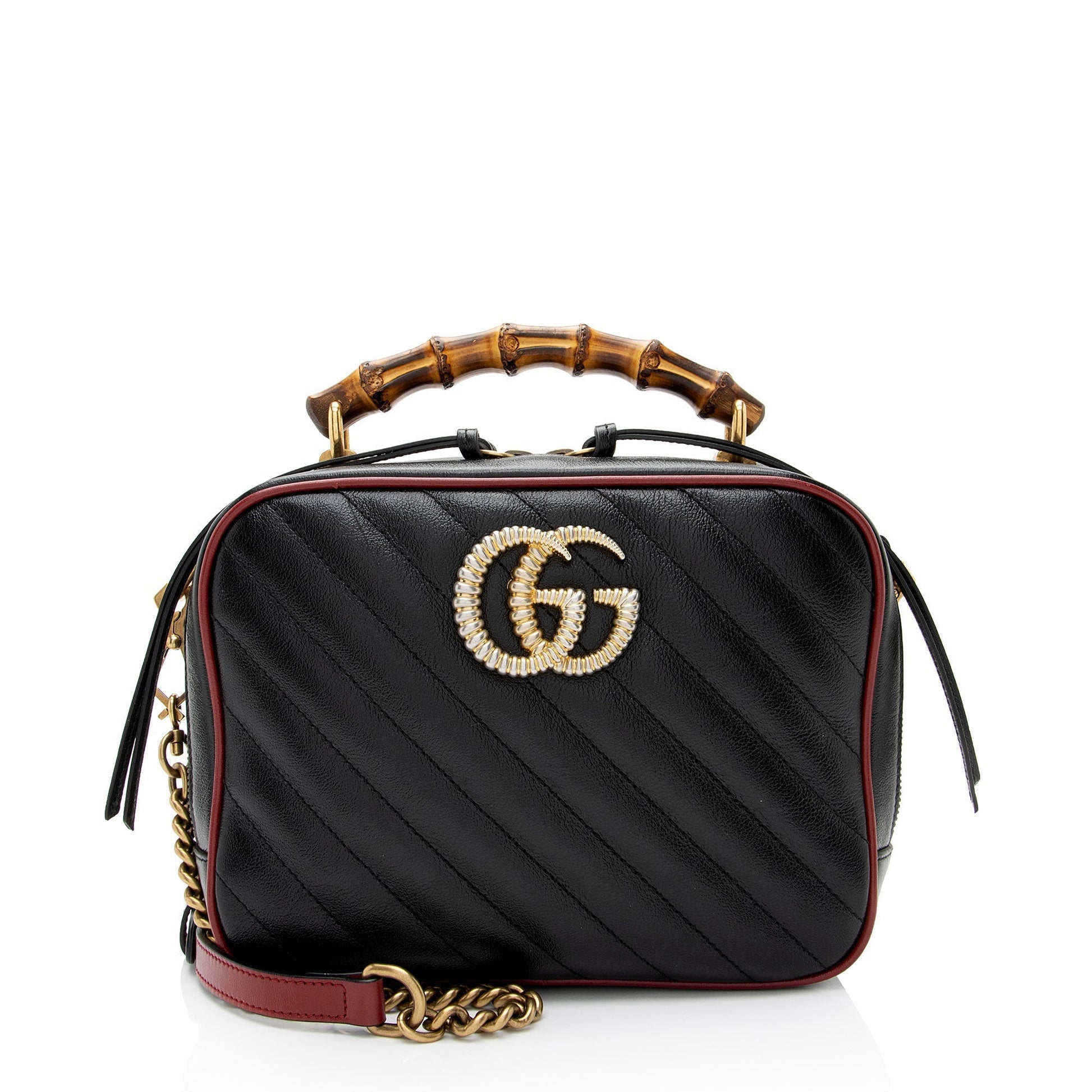 Gucci Torchon GG Marmont Bamboo Top Matelasse Leather Black Red Crossbody Bag