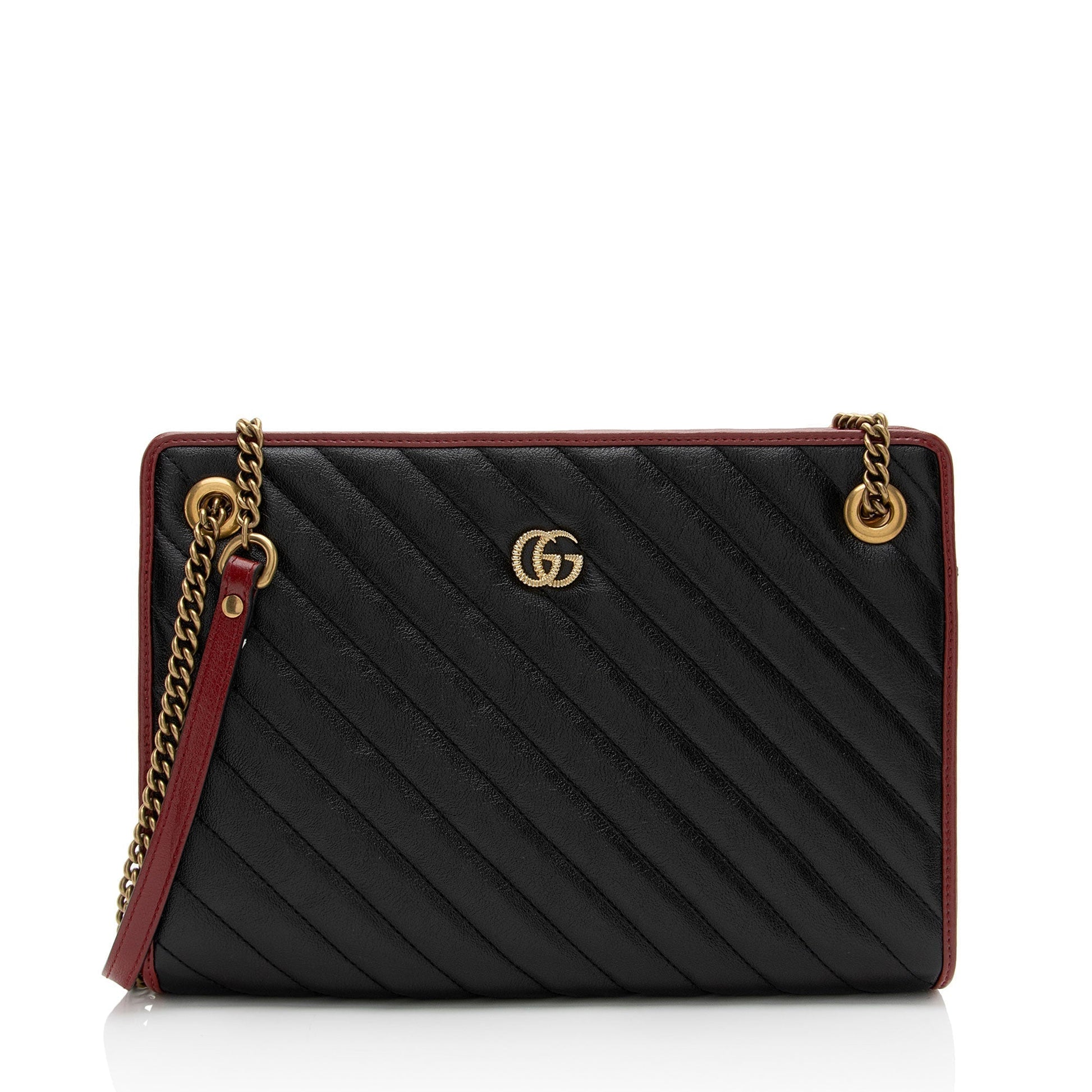 Gucci Torchon GG Marmont Chain Matelasse Leather Black Red Tote Bag