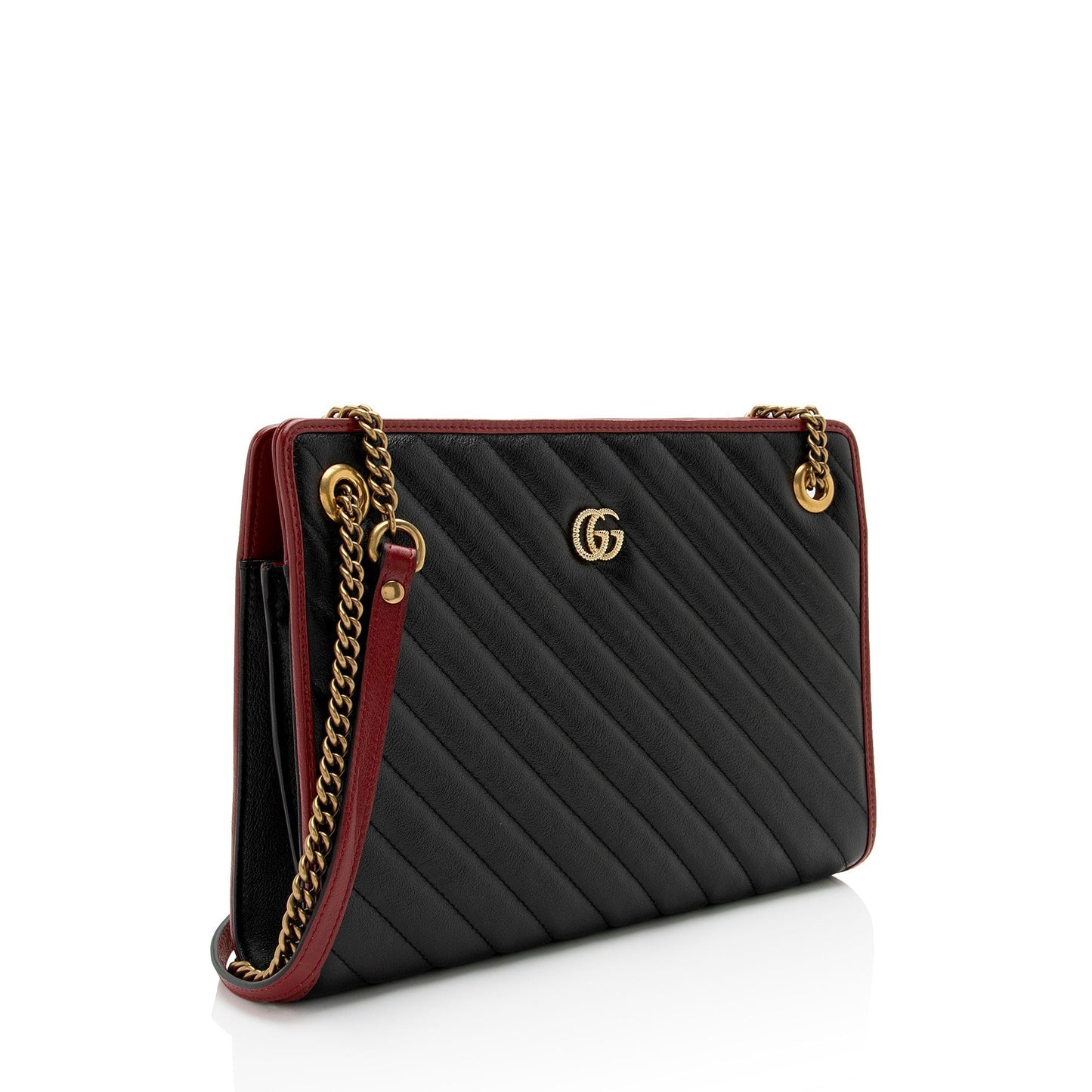 Gucci Torchon GG Marmont Chain Matelasse Leather Black Red Tote Bag