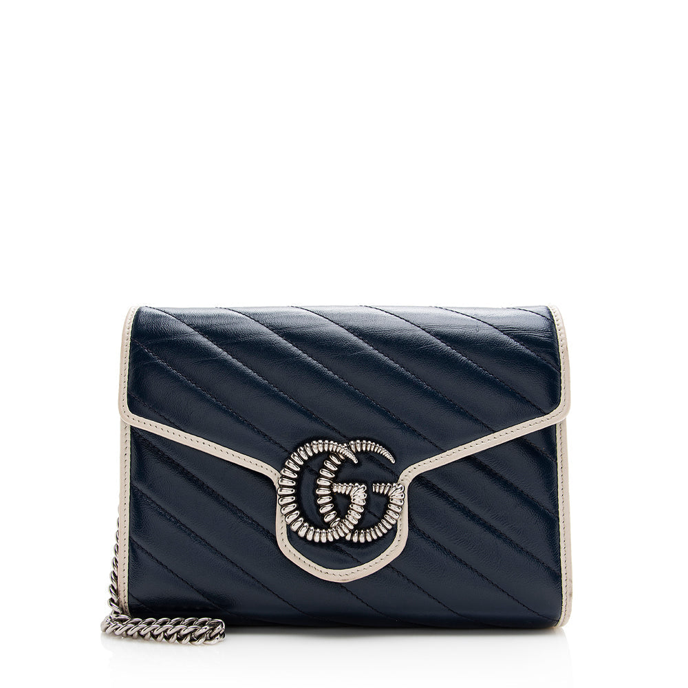 Gucci Torchon GG Marmont Chain SHF Matelasse Leather Blue Mini Crossbody Bag