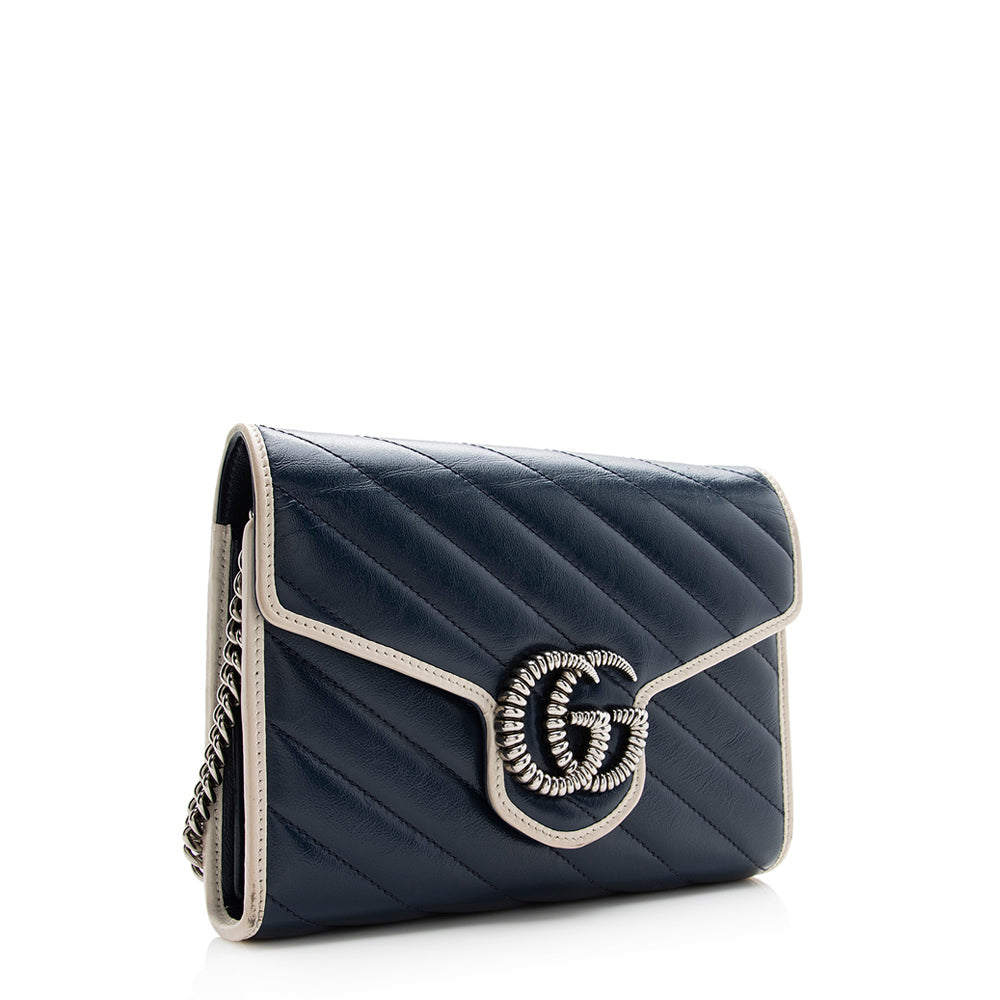 Gucci Torchon GG Marmont Chain SHF Matelasse Leather Blue Mini Crossbody Bag