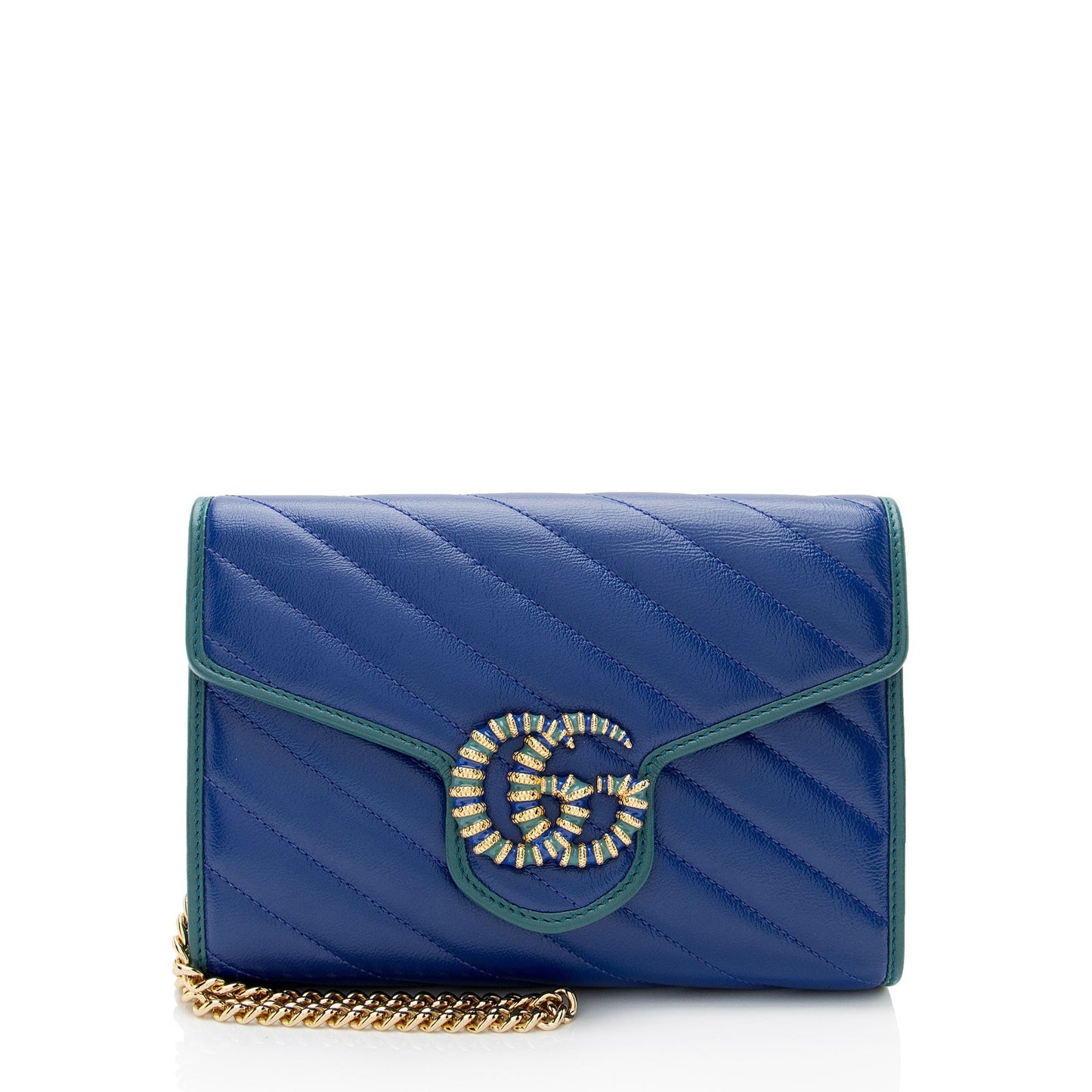 Gucci Torchon GG Marmont Chain SHF-FtS5vC Matelasse Leather Blue Green Crossbody Bag