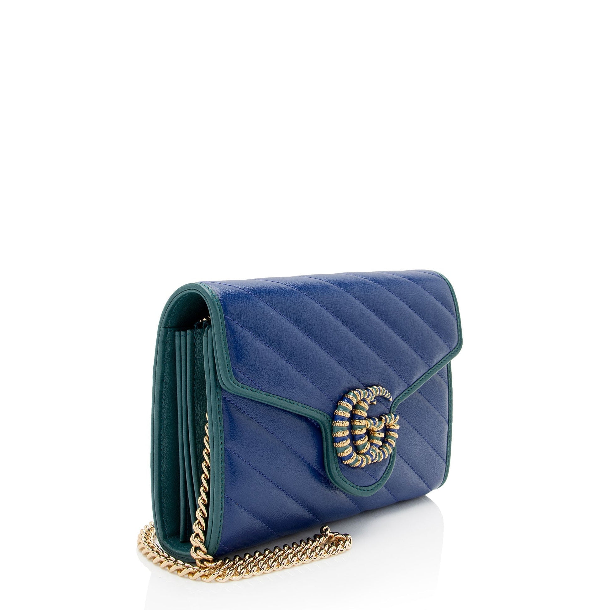 Gucci Torchon GG Marmont Chain SHF-FtS5vC Matelasse Leather Blue Green Crossbody Bag