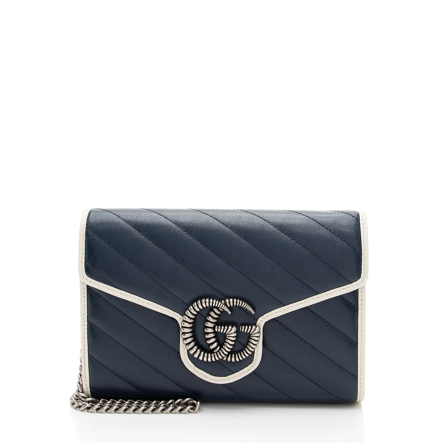 Gucci Torchon GG Marmont Chain Matelasse Leather White Blue Crossbody Bag
