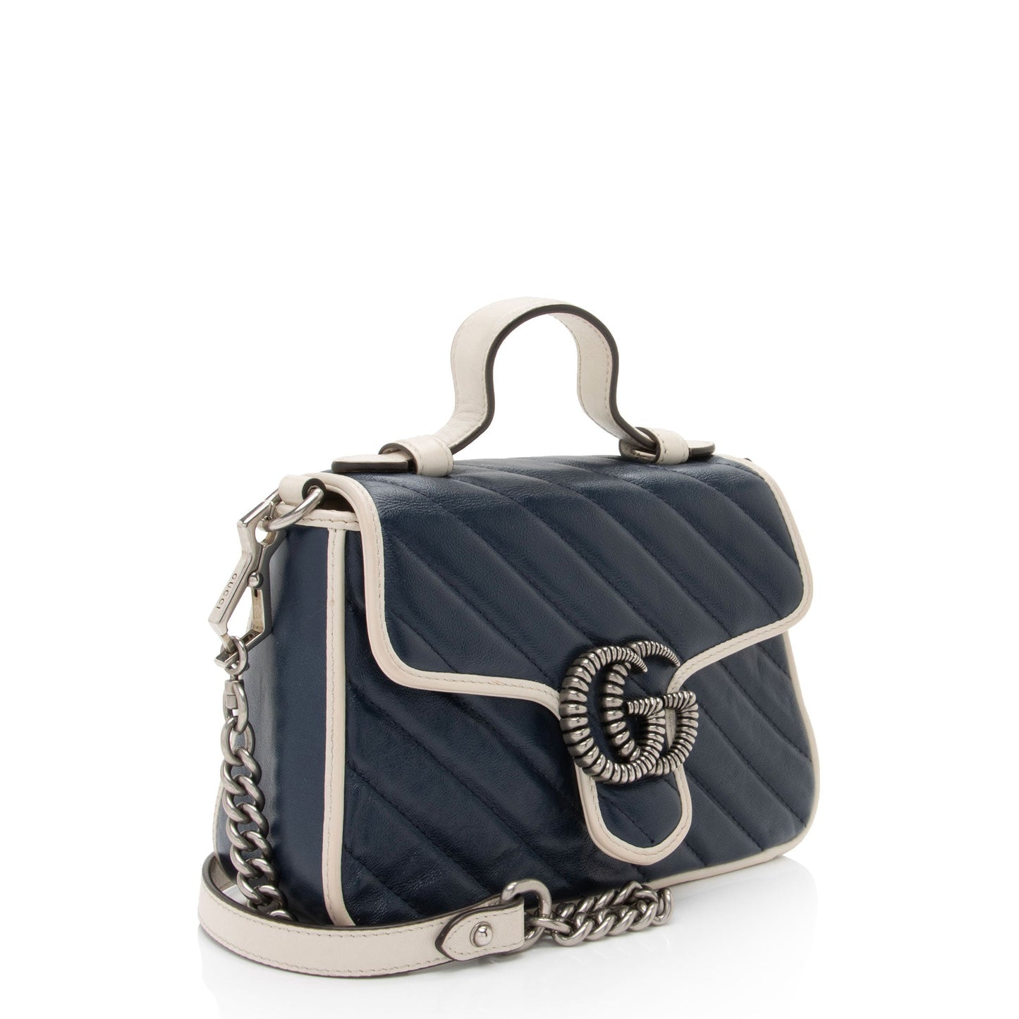 Gucci Torchon GG Marmont Top Handle Matelasse Leather White Blue Crossbody Bag