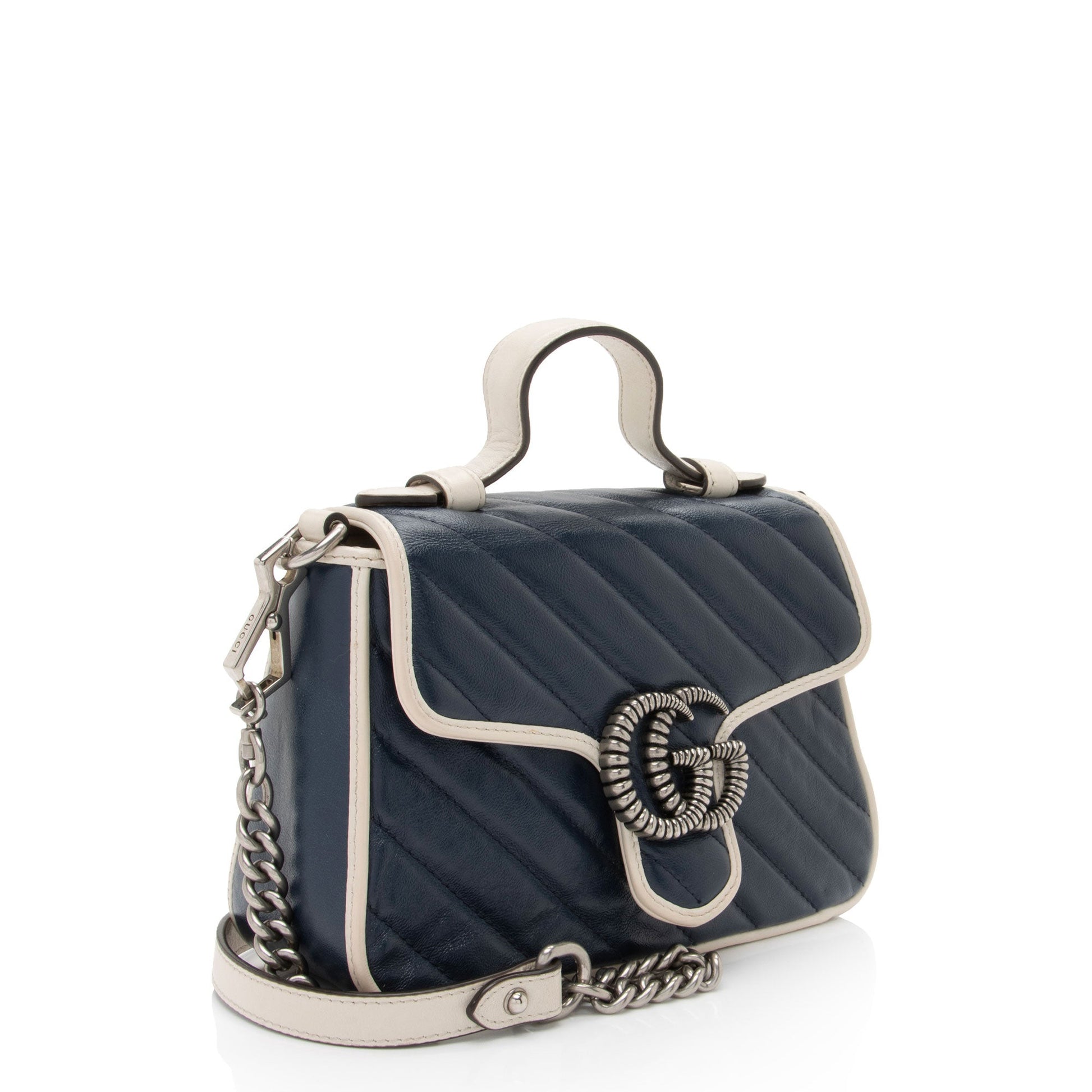 Gucci Torchon GG Marmont Top Handle Matelasse Leather White Blue Crossbody Bag