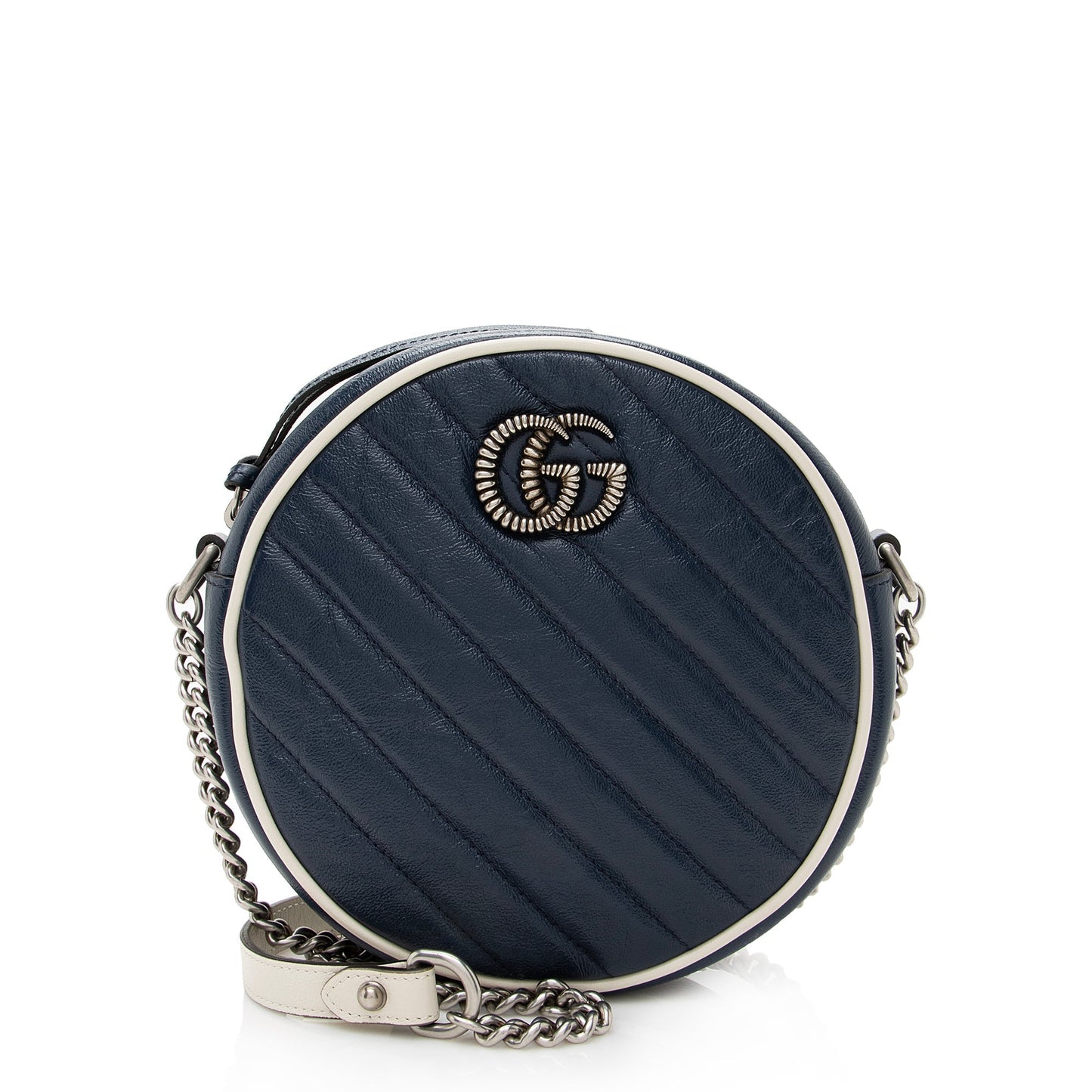 Gucci Torchon GG Marmont Round SHF Matelasse Leather White Blue Crossbody Bag