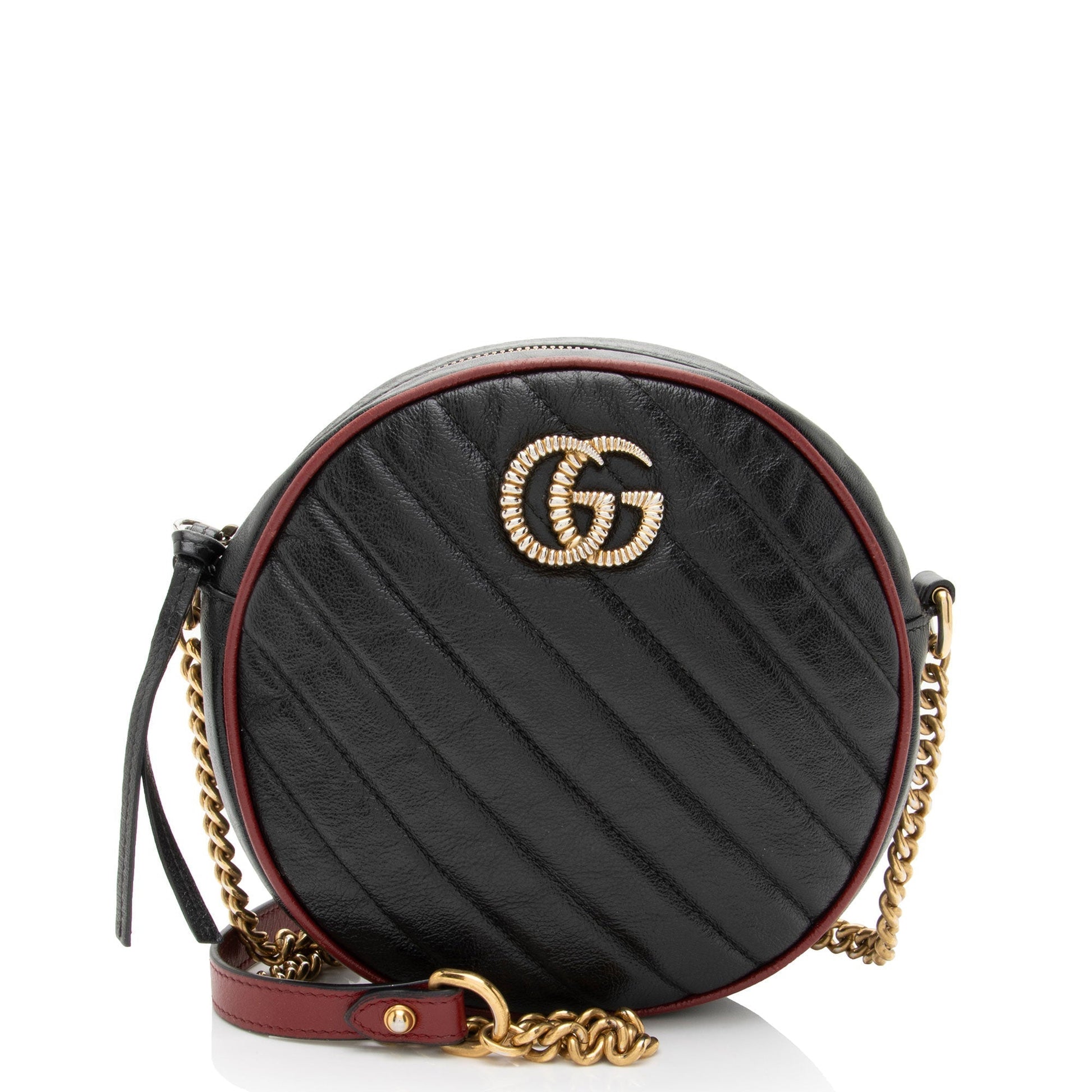 Gucci Torchon GG Marmont Round Matelasse Leather Black Red Crossbody Bag