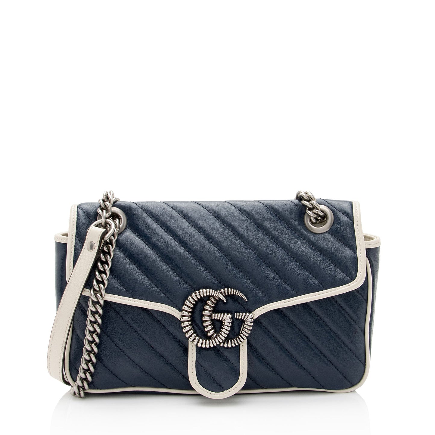 Gucci Torchon GG Marmont Flap SHF-V987rt Matelasse Leather White Blue Crossbody Bag