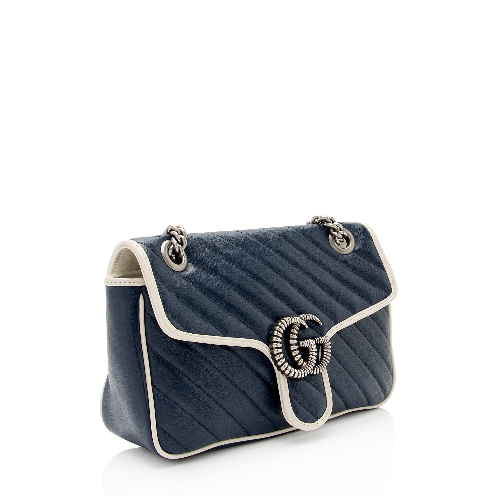 Gucci Torchon GG Marmont Flap SHF-V987rt Matelasse Leather White Blue Crossbody Bag