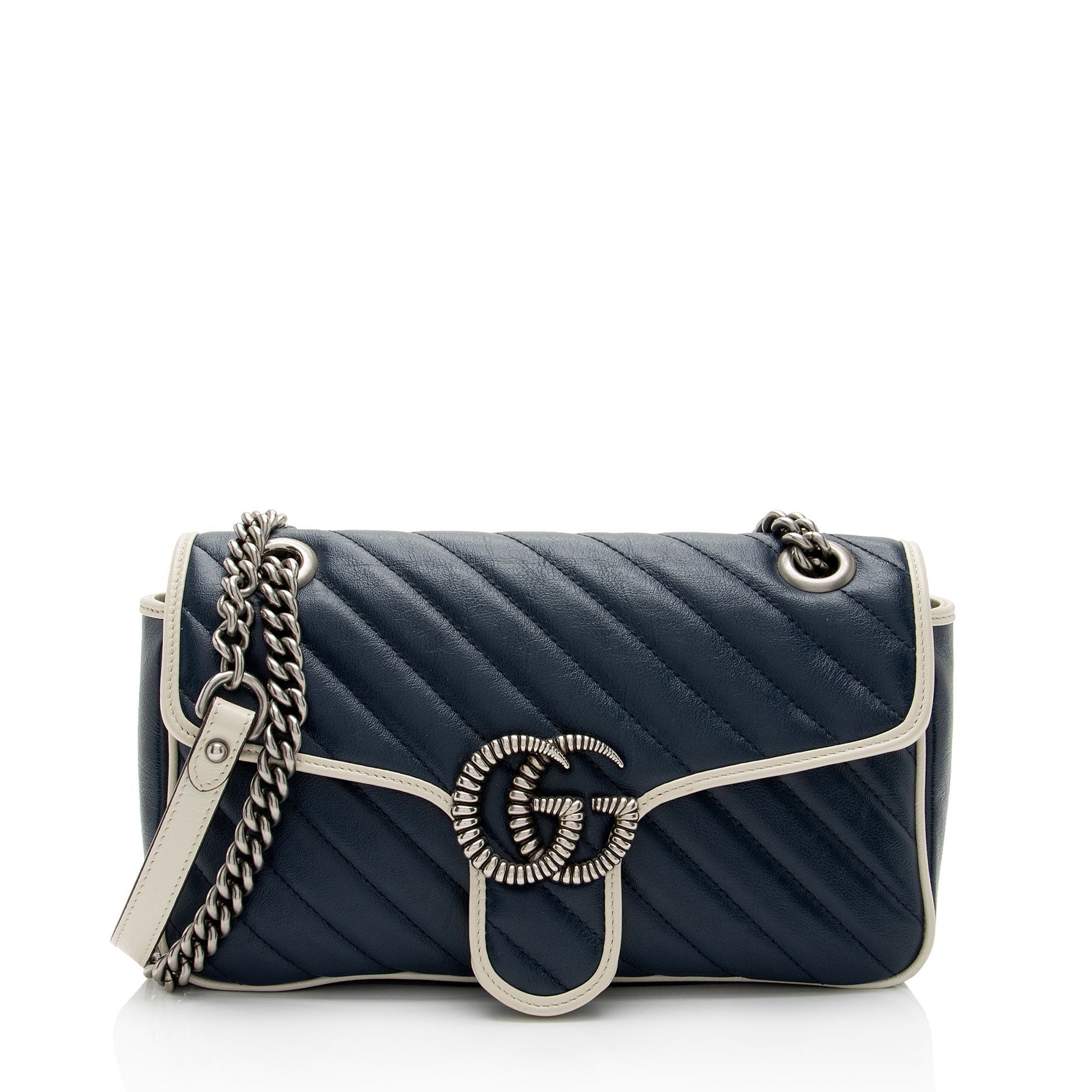 Gucci Torchon GG Marmont Flap SHF-fZFBg1 Matelasse Leather White Blue Crossbody Bag