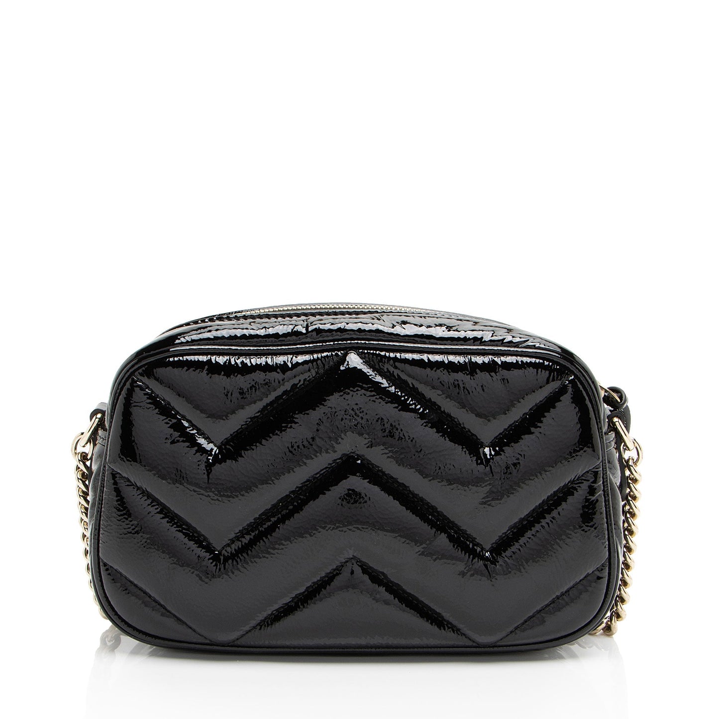 Gucci Padded GG Marmont Camera Matelasse Leather Patent Black Crossbody Bag