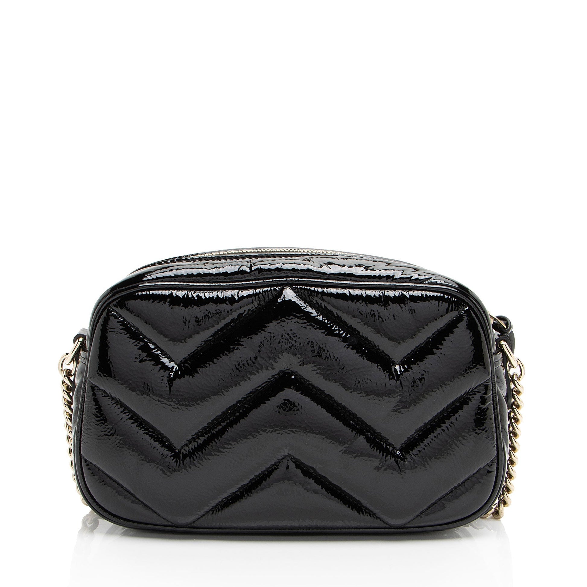 Gucci Padded GG Marmont Camera Matelasse Leather Patent Black Crossbody Bag